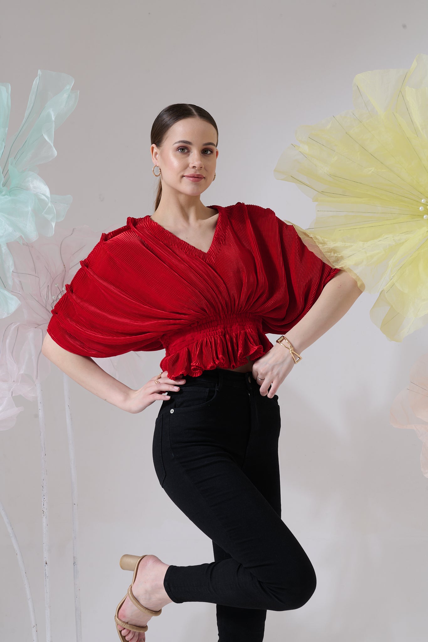 Bellini Pleated Draped Sleeves Peplum Top - Red