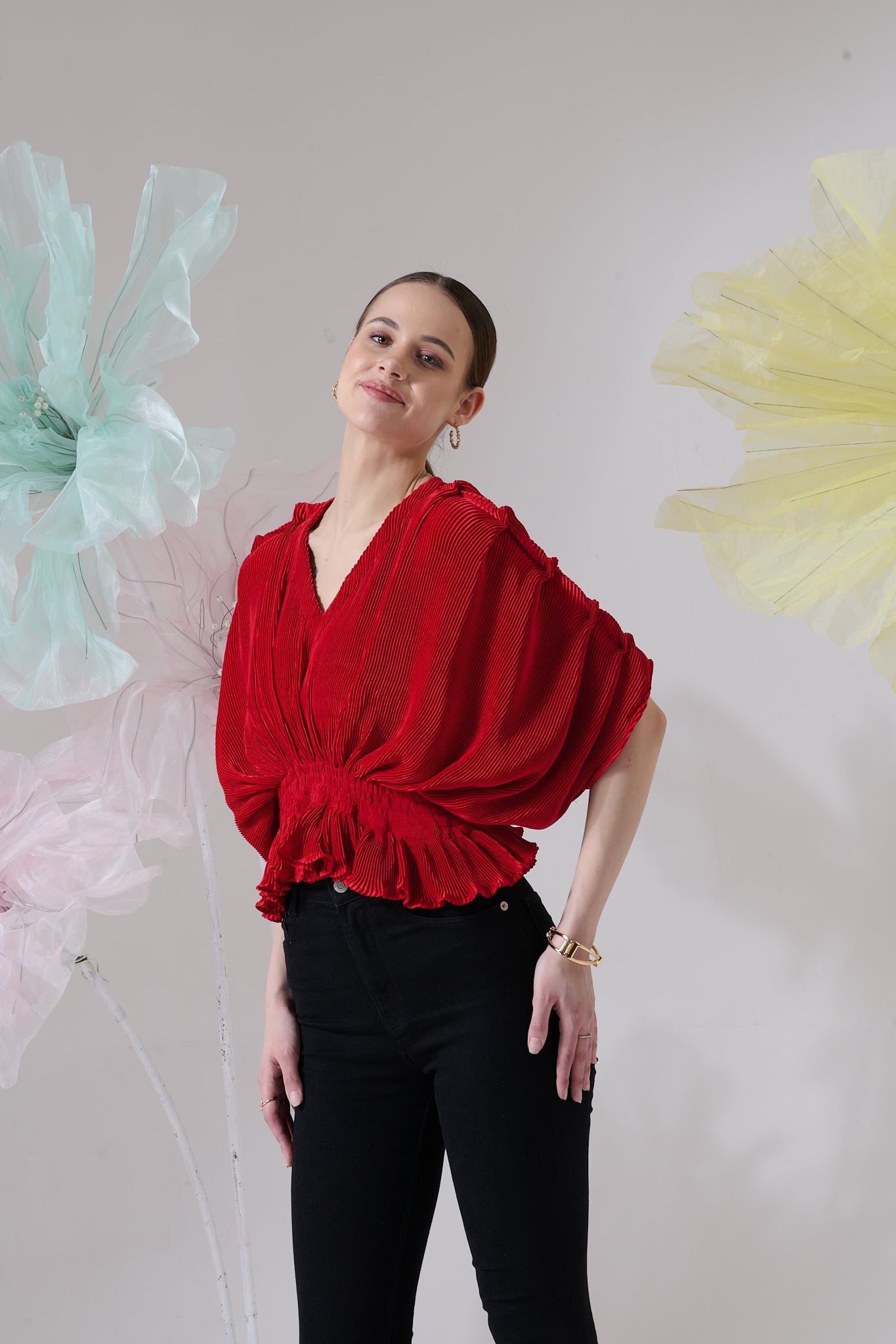 Bellini Pleated Draped Sleeves Peplum Top - Red
