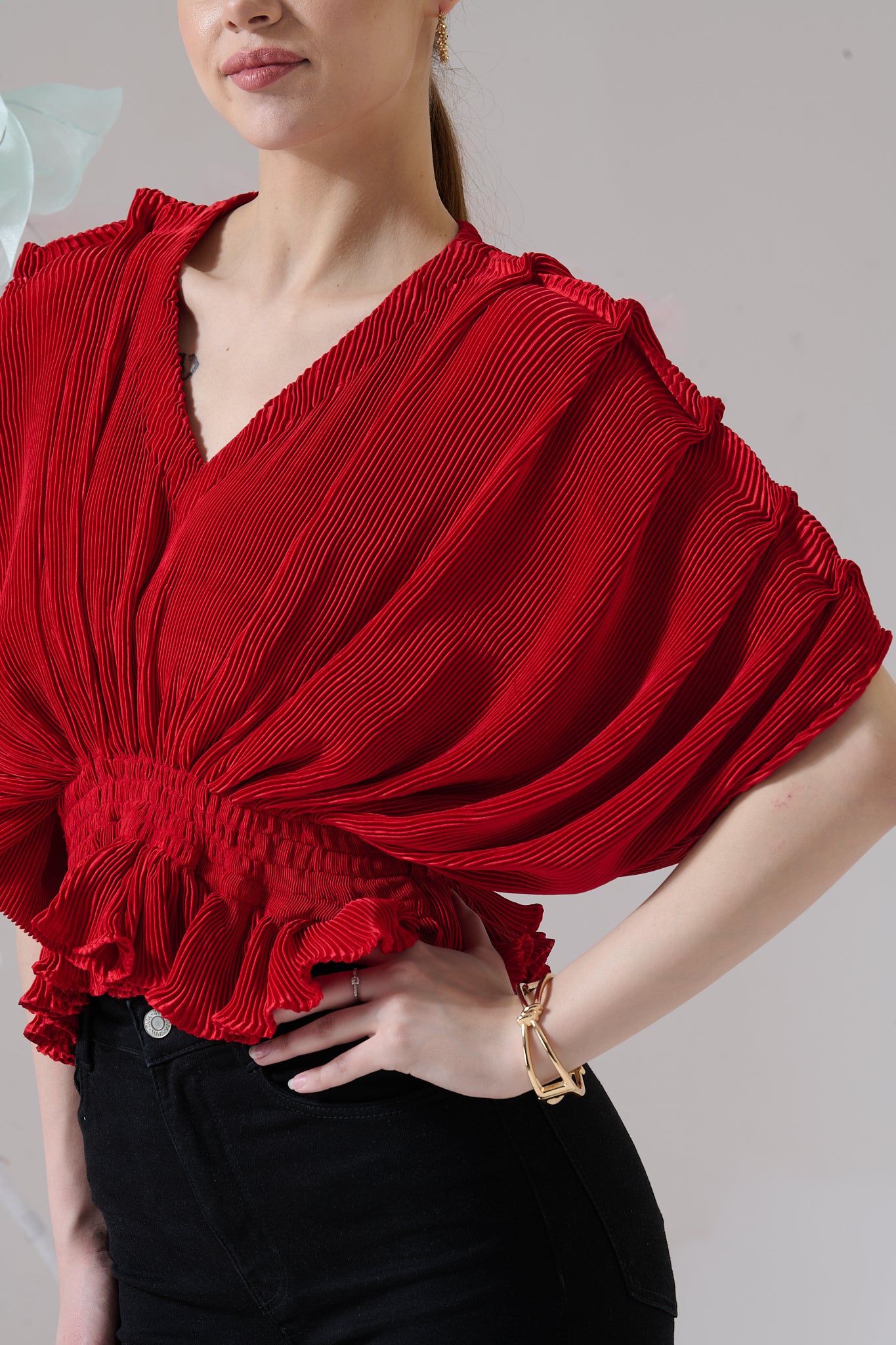Bellini Pleated Draped Sleeves Peplum Top - Red
