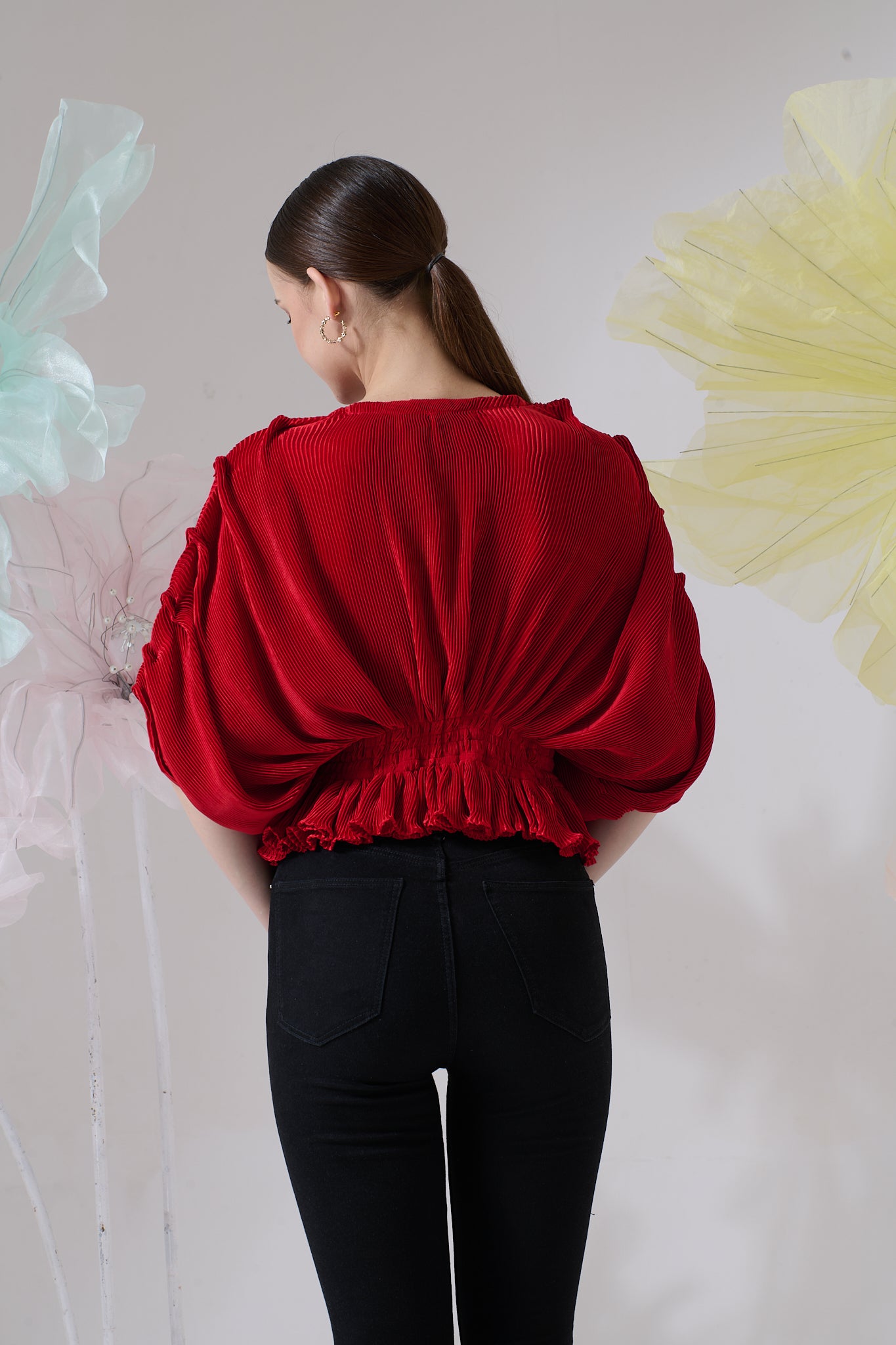 Bellini Pleated Draped Sleeves Peplum Top - Red