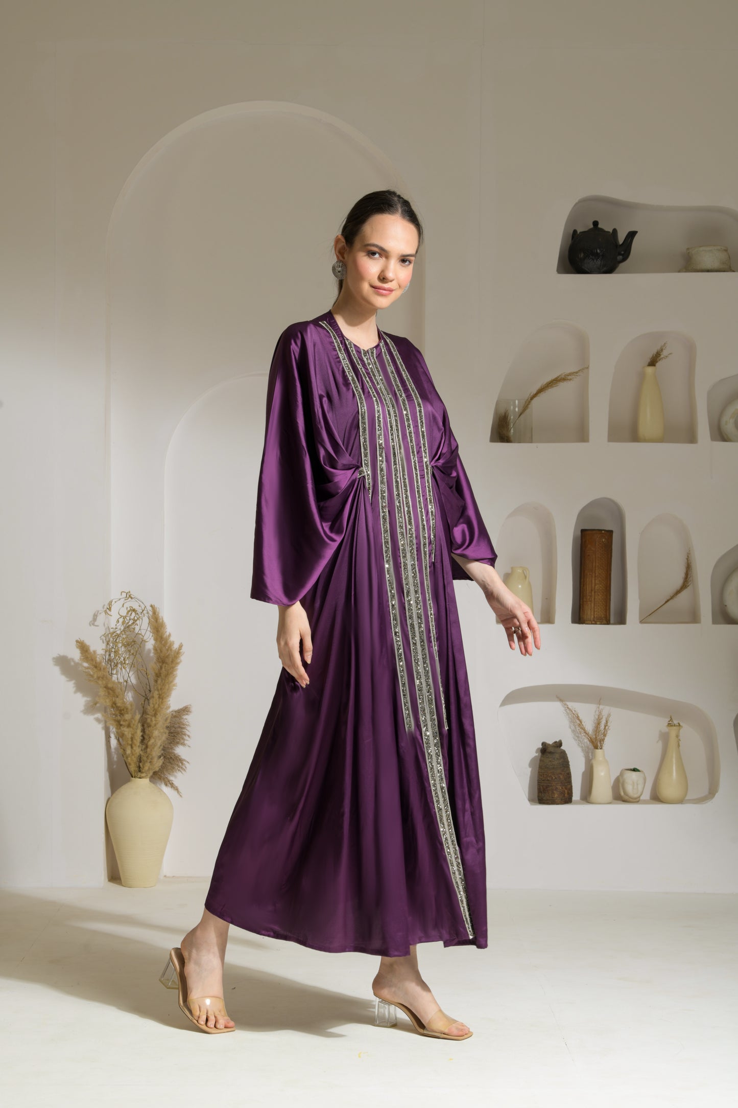 Fiza Satin Draped Sleeves Kaftan-like Floor Length Dress