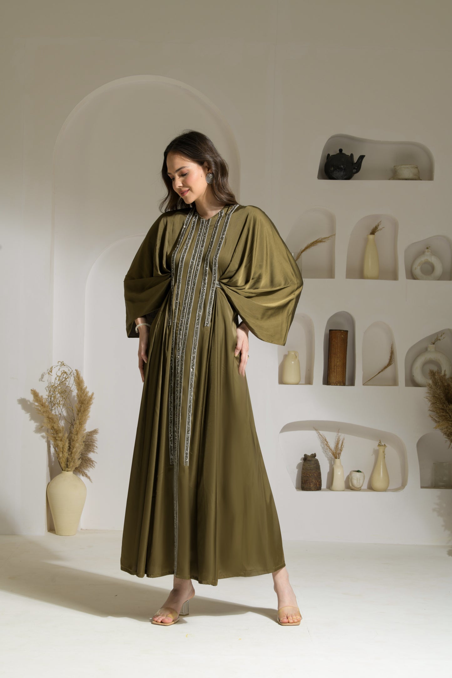 Fiza Satin Draped Sleeves Kaftan-like Floor Length Dress