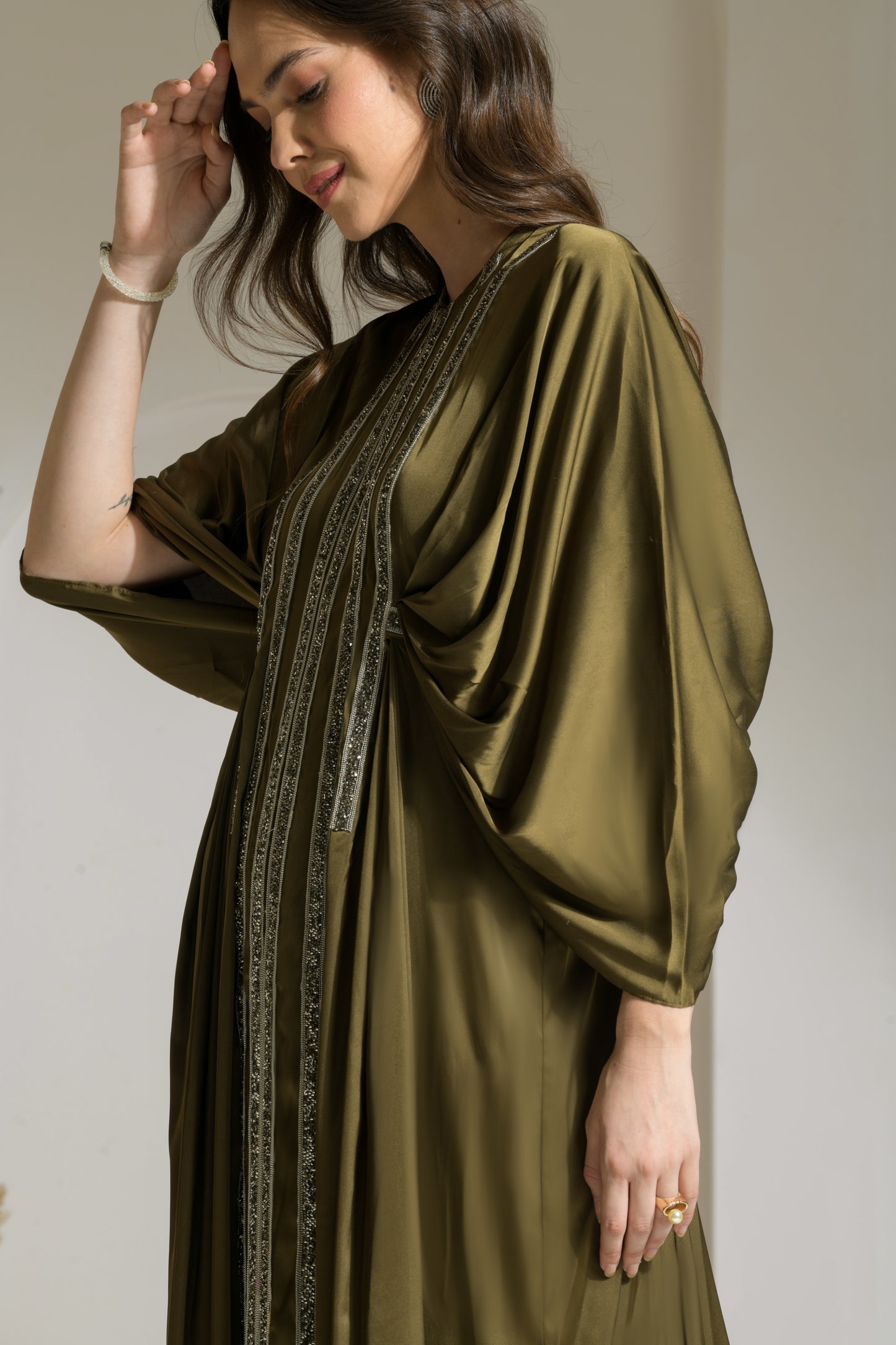 Fiza Satin Draped Sleeves Kaftan-like Floor Length Dress