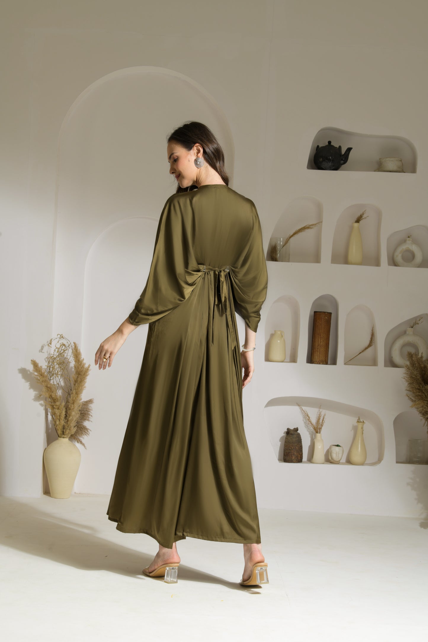 Fiza Satin Draped Sleeves Kaftan-like Floor Length Dress