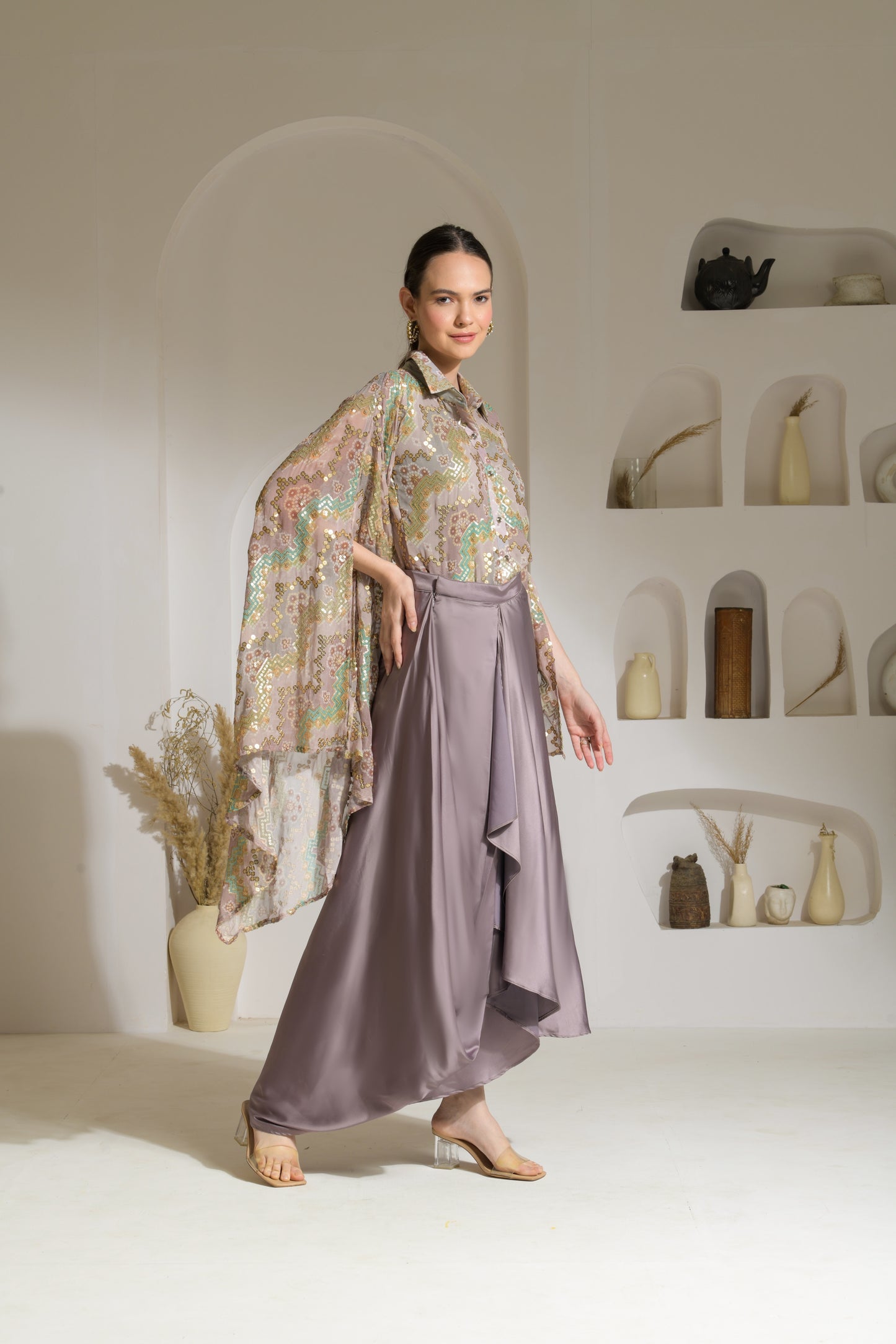 Nazakat Sequence Bandhni work Cape sleeve Shirt with Draped Skirt in Satin - Set of 2
