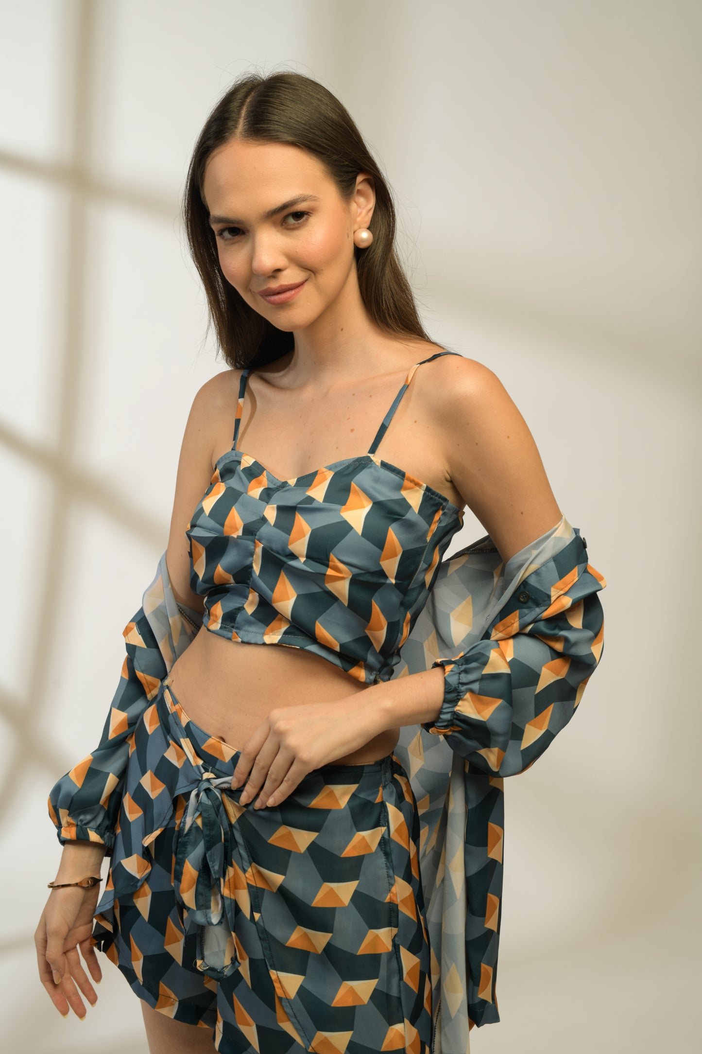 Stella Relaxed fit Shirt, Bustier with Tie Detailing Shorts in Printed Viscose Crepe - Set of 3