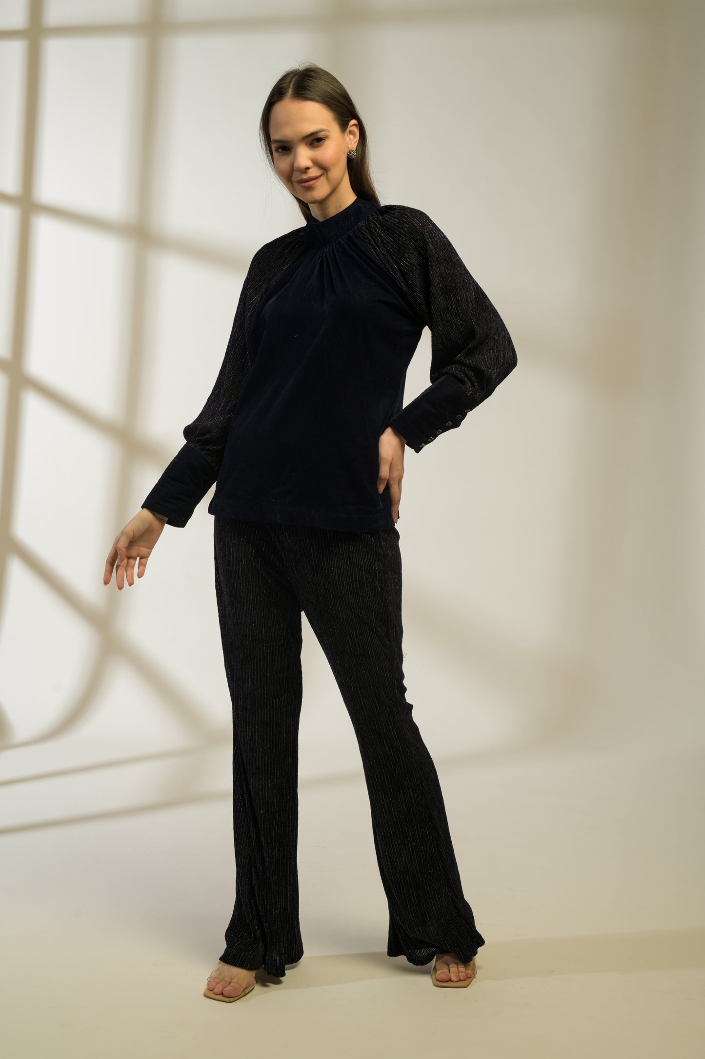 Sapphire Lurex Velvet Raglan Sleeve Top with Lurex velvet Flared Pants - Set of 2