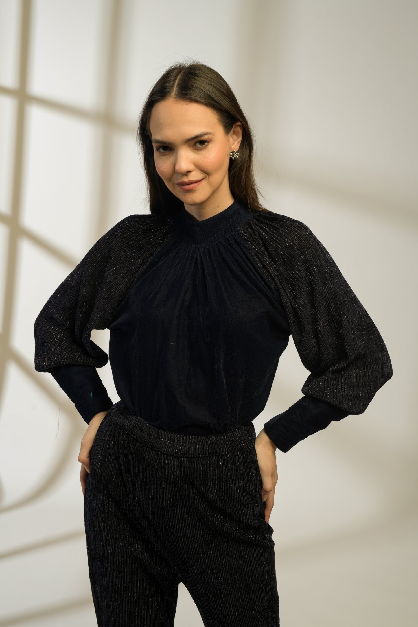 Sapphire Lurex Velvet Raglan Sleeve Top with Lurex velvet Flared Pants - Set of 2