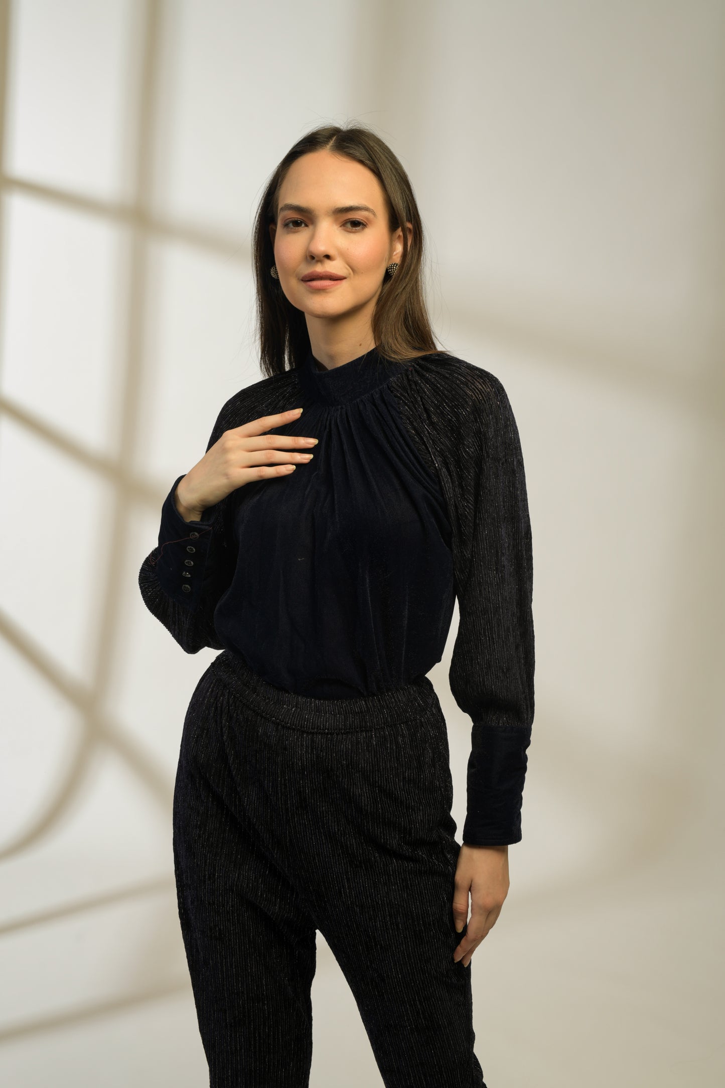 Sapphire Lurex Velvet Raglan Sleeve Top with Lurex velvet Flared Pants - Set of 2