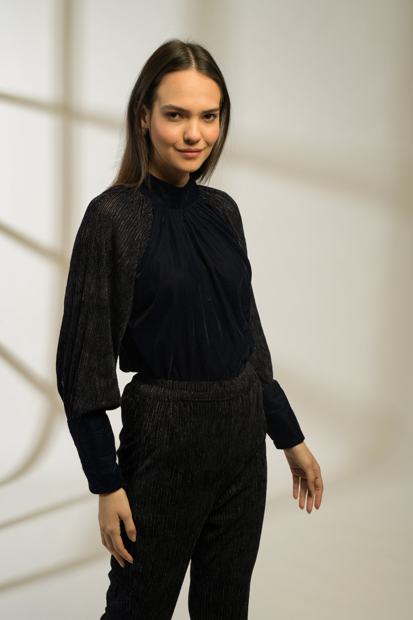 Sapphire Lurex Velvet Raglan Sleeve Top with Lurex velvet Flared Pants - Set of 2