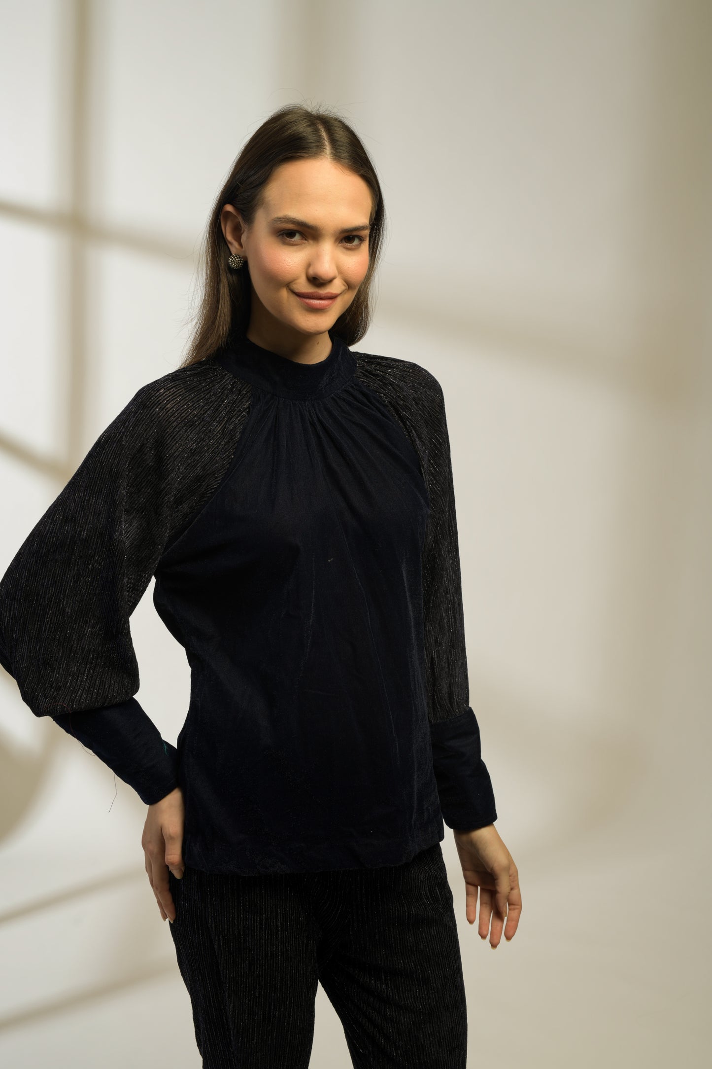 Sapphire Lurex Velvet Raglan Sleeve Top with Lurex velvet Flared Pants - Set of 2