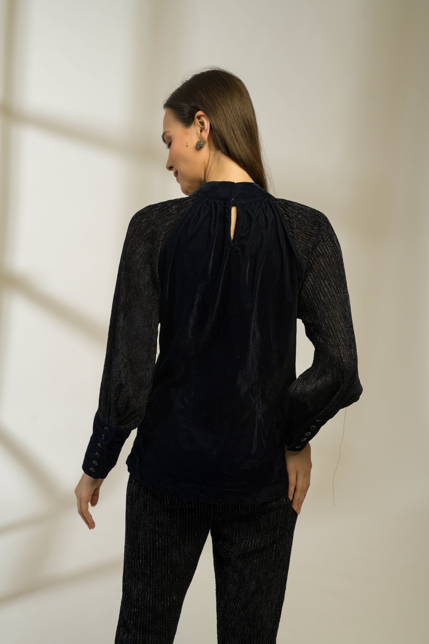 Sapphire Lurex Velvet Raglan Sleeve Top with Lurex velvet Flared Pants - Set of 2
