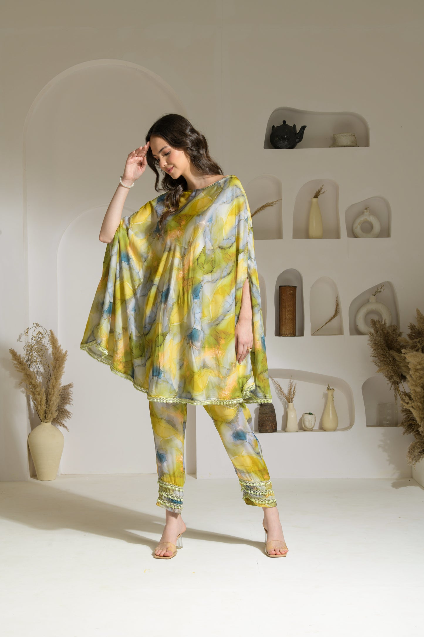 Zia Marble Print 2-way Cape-style Kurta with Pencil Fit Pants - Set of 2