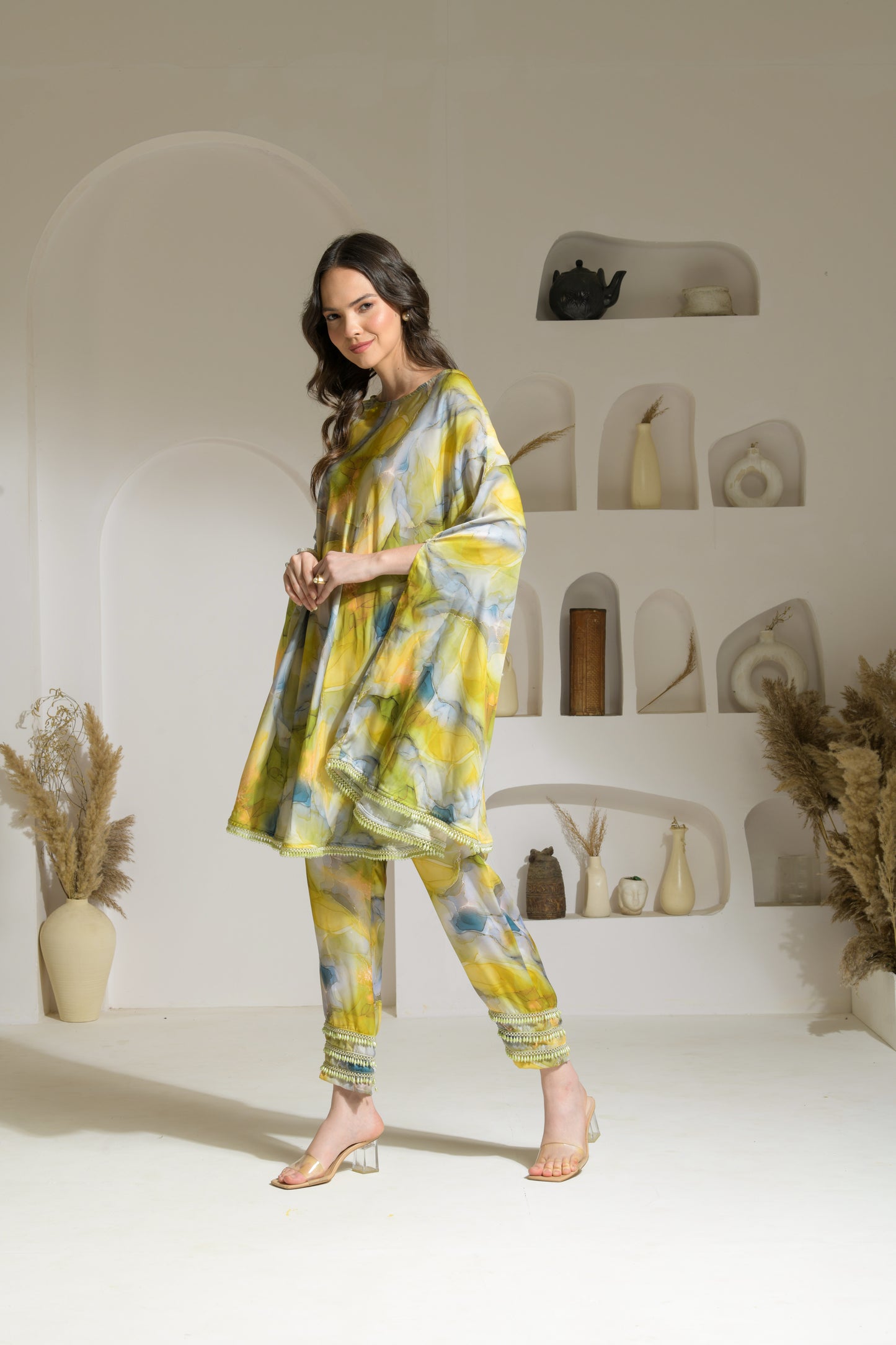 Zia Marble Print 2-way Cape-style Kurta with Pencil Fit Pants - Set of 2
