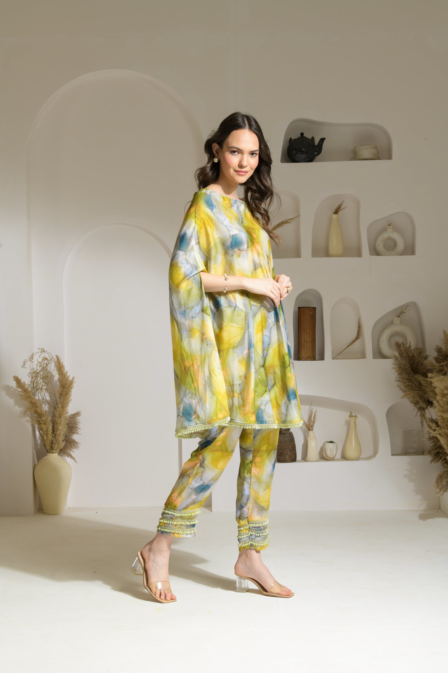 Zia Marble Print 2-way Cape-style Kurta with Pencil Fit Pants - Set of 2