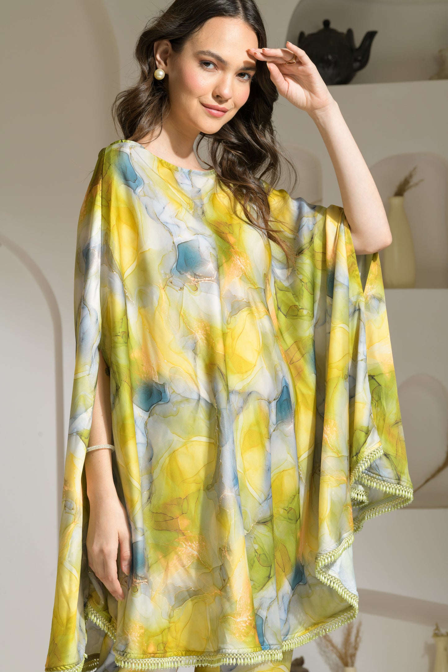 Zia Marble Print 2-way Cape-style Kurta with Pencil Fit Pants - Set of 2