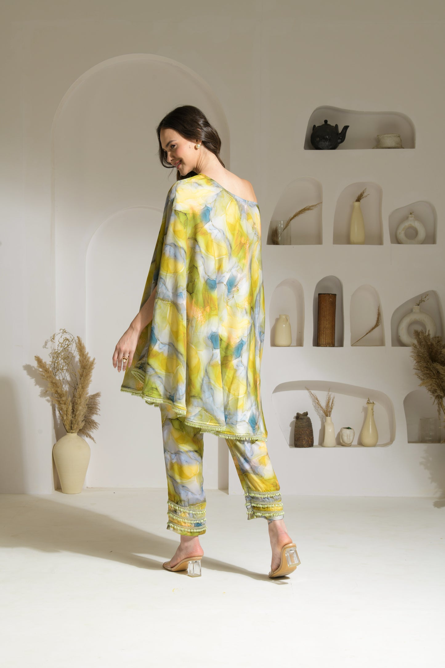 Zia Marble Print 2-way Cape-style Kurta with Pencil Fit Pants - Set of 2