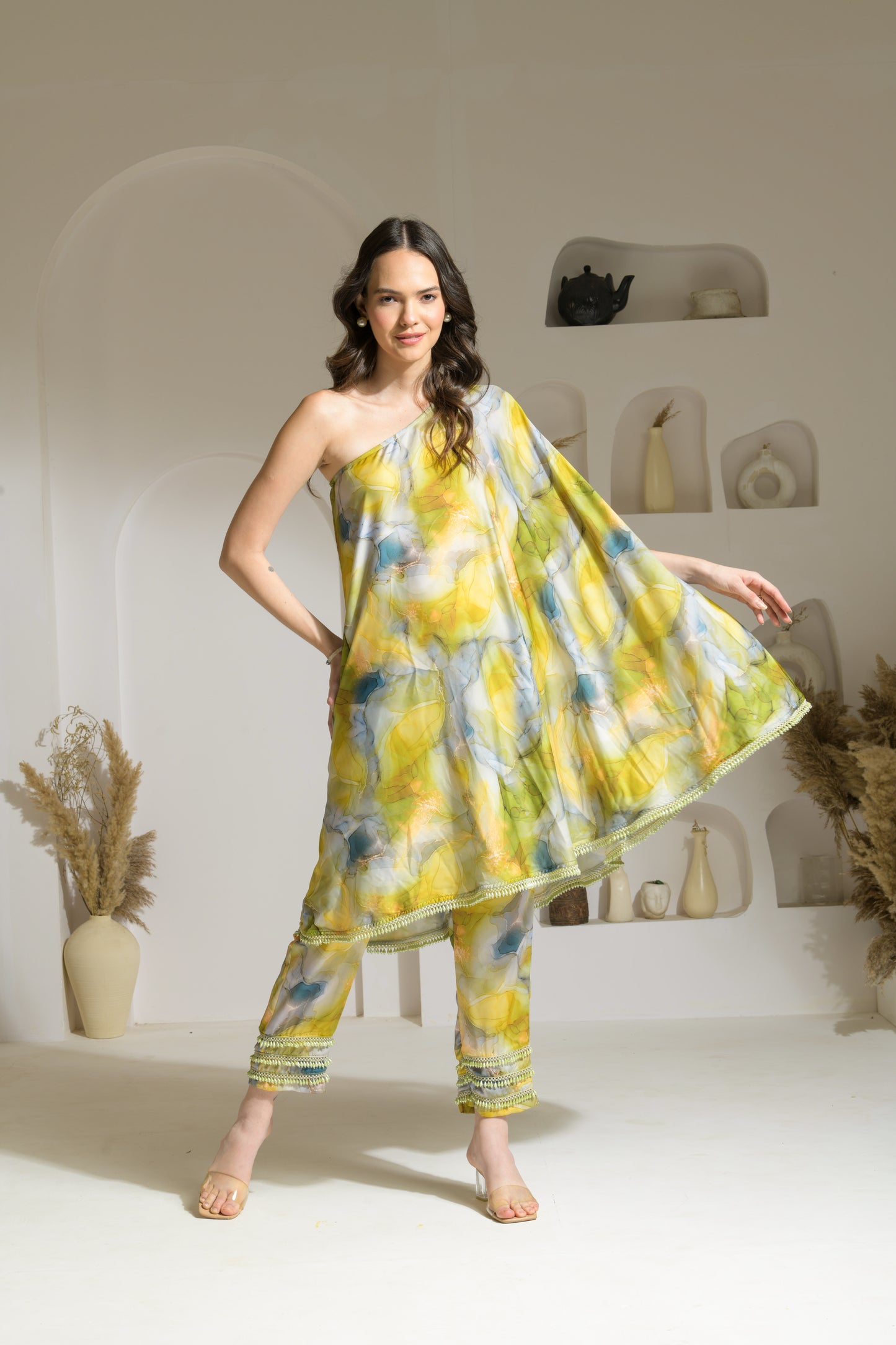 Zia Marble Print 2-way Cape-style Kurta with Pencil Fit Pants - Set of 2