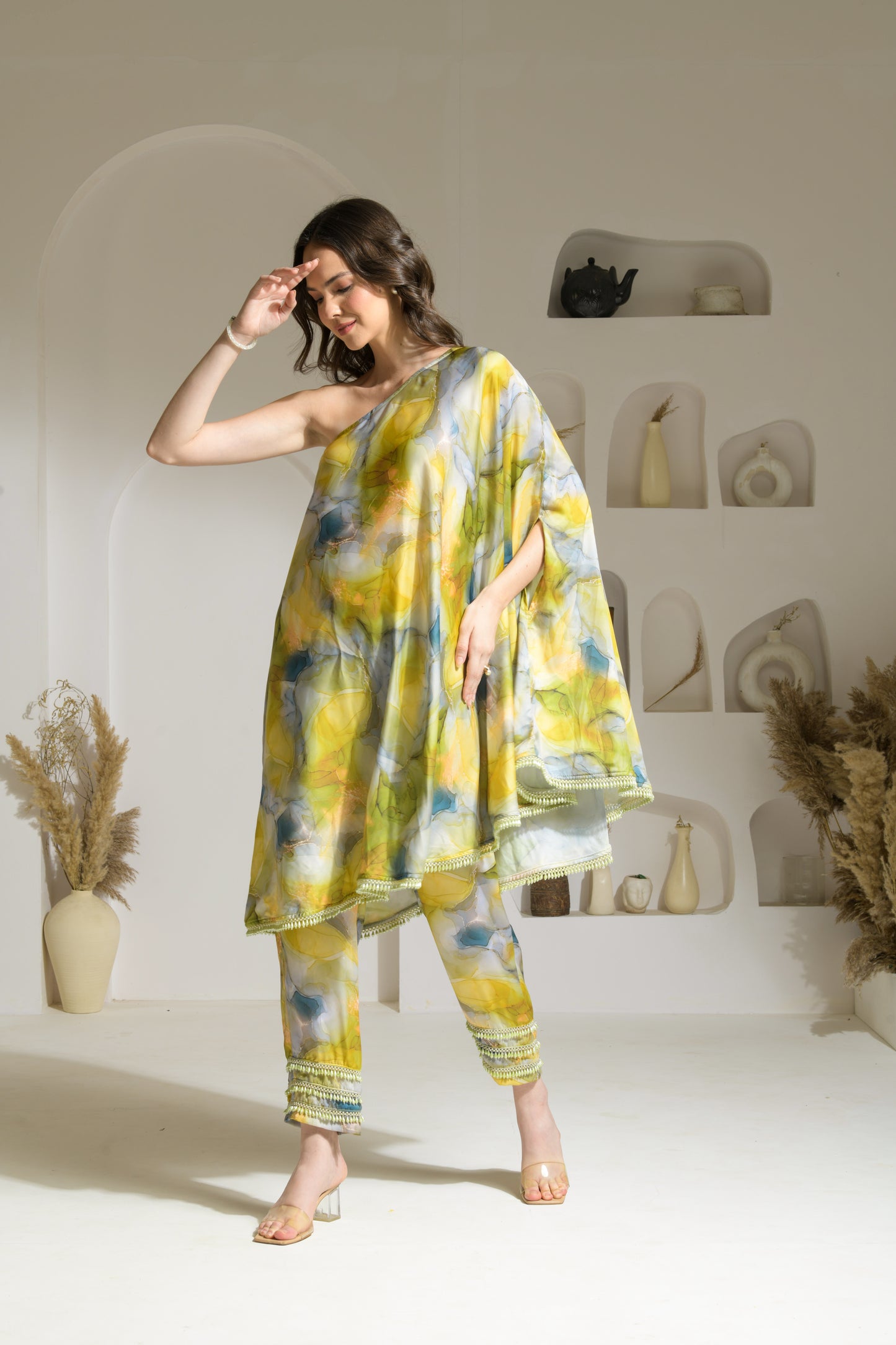 Zia Marble Print 2-way Cape-style Kurta with Pencil Fit Pants - Set of 2