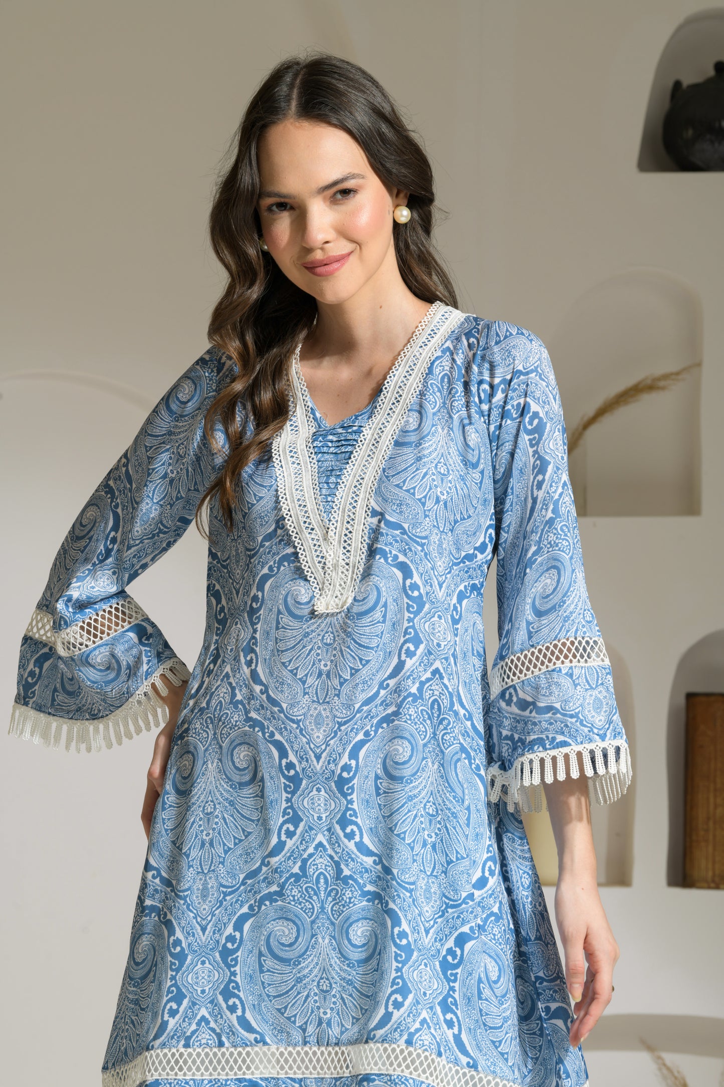 Nadia Blue Abstract Print A-line Kurta with trim Detailing with Double Georgette Tulip Pants - Set of 2