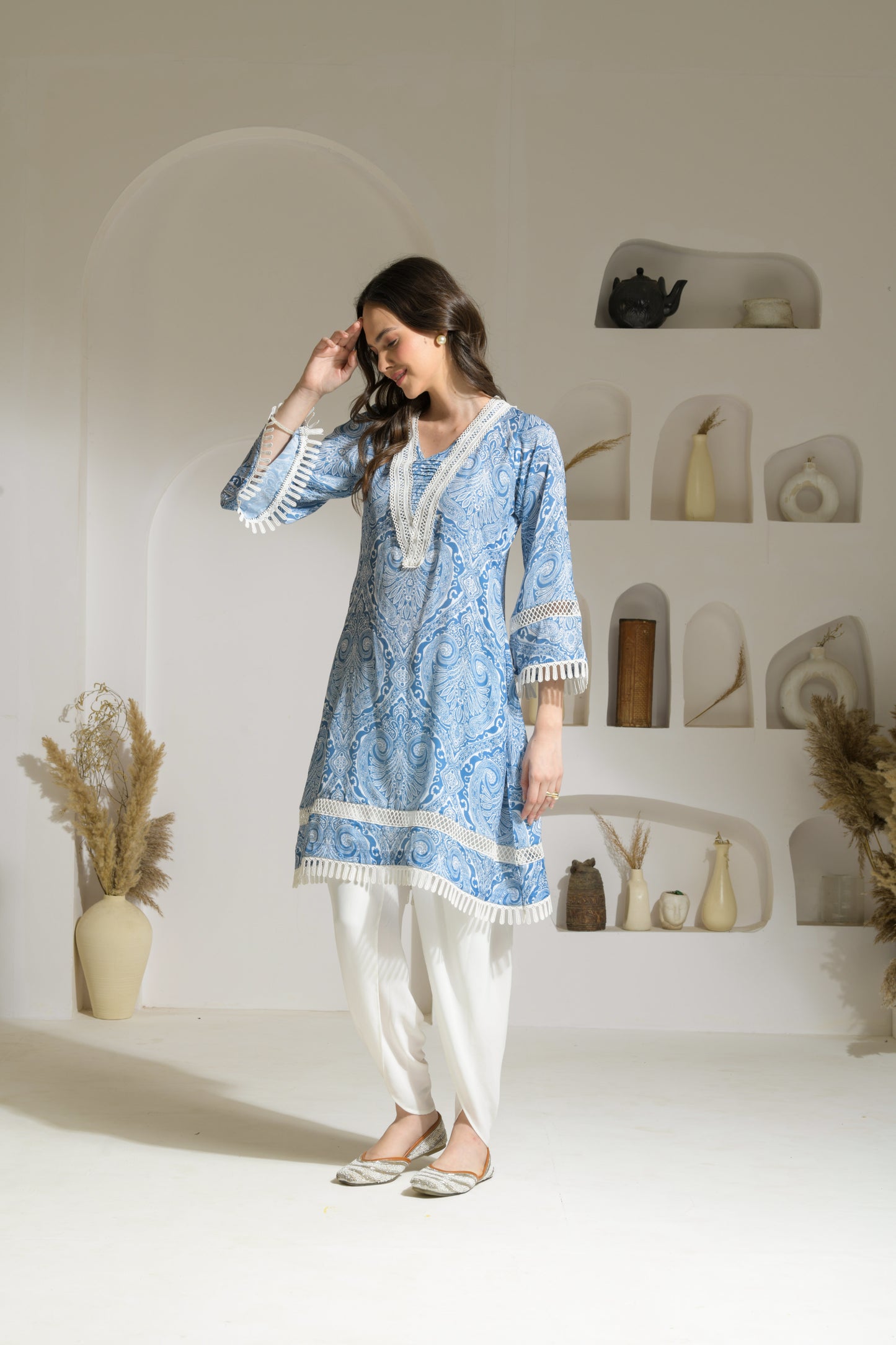 Nadia Blue Abstract Print A-line Kurta with trim Detailing with Double Georgette Tulip Pants - Set of 2
