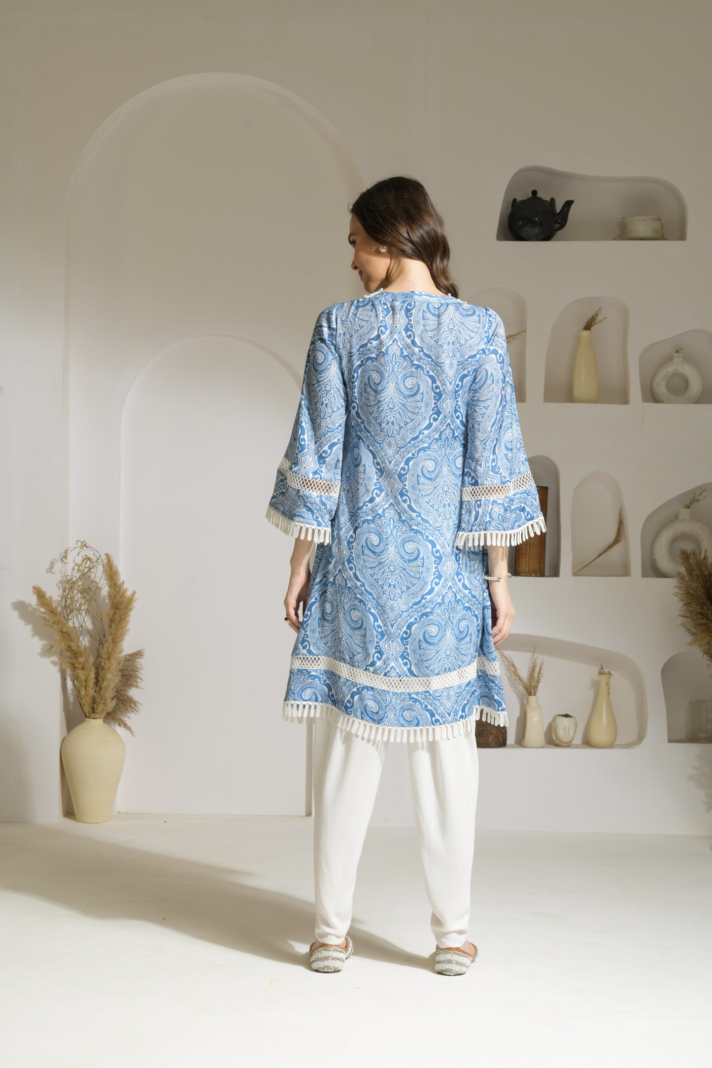 Nadia Blue Abstract Print A-line Kurta with trim Detailing with Double Georgette Tulip Pants - Set of 2