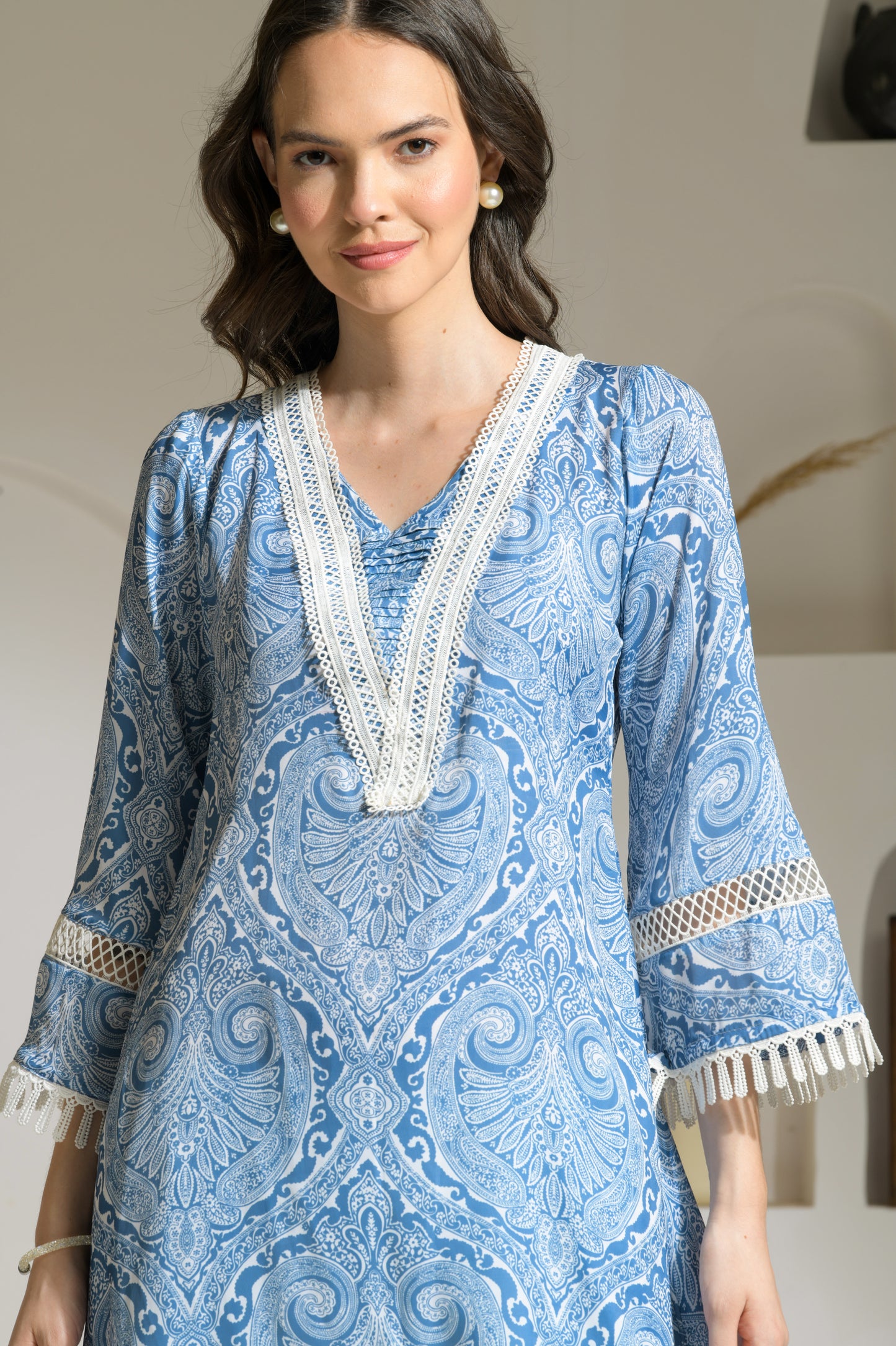 Nadia Blue Abstract Print A-line Kurta with trim Detailing with Printed Pants - Set of 2
