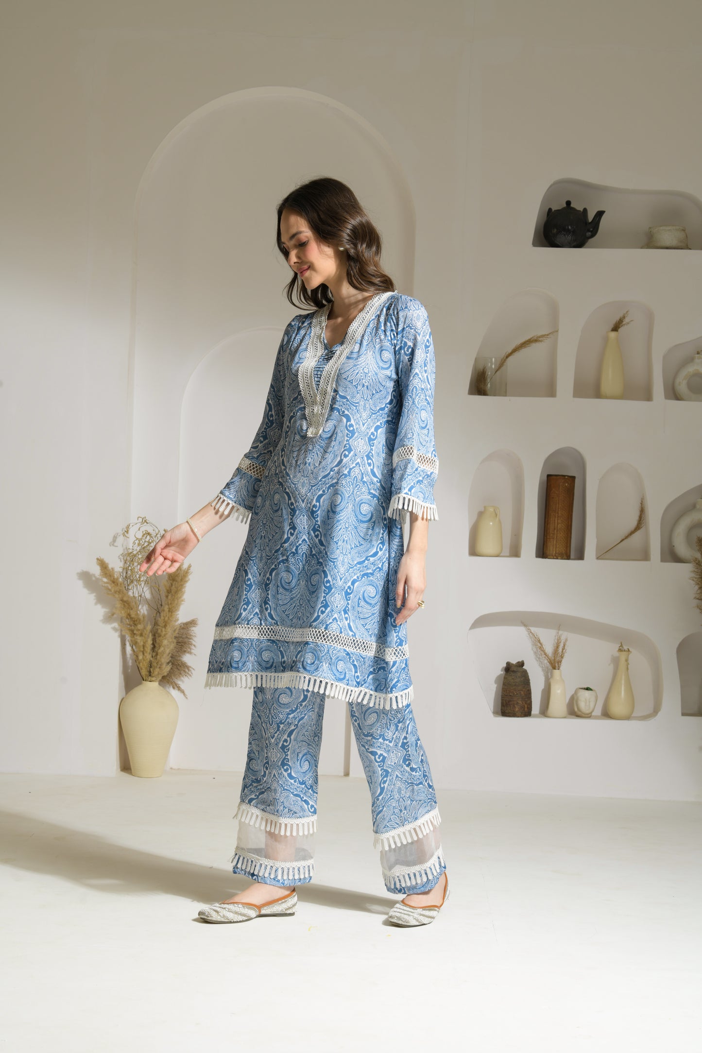 Nadia Blue Abstract Print A-line Kurta with trim Detailing with Printed Pants - Set of 2