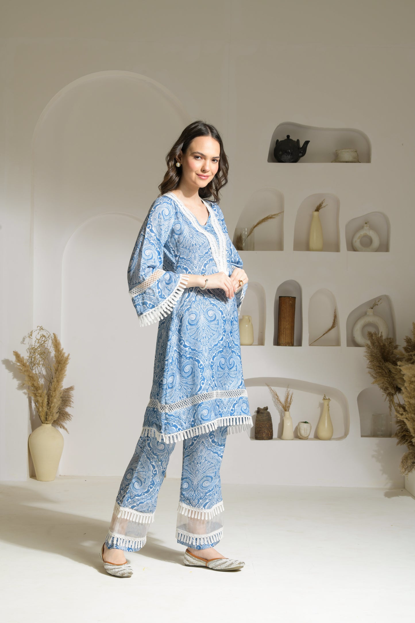 Nadia Blue Abstract Print A-line Kurta with trim Detailing with Printed Pants - Set of 2