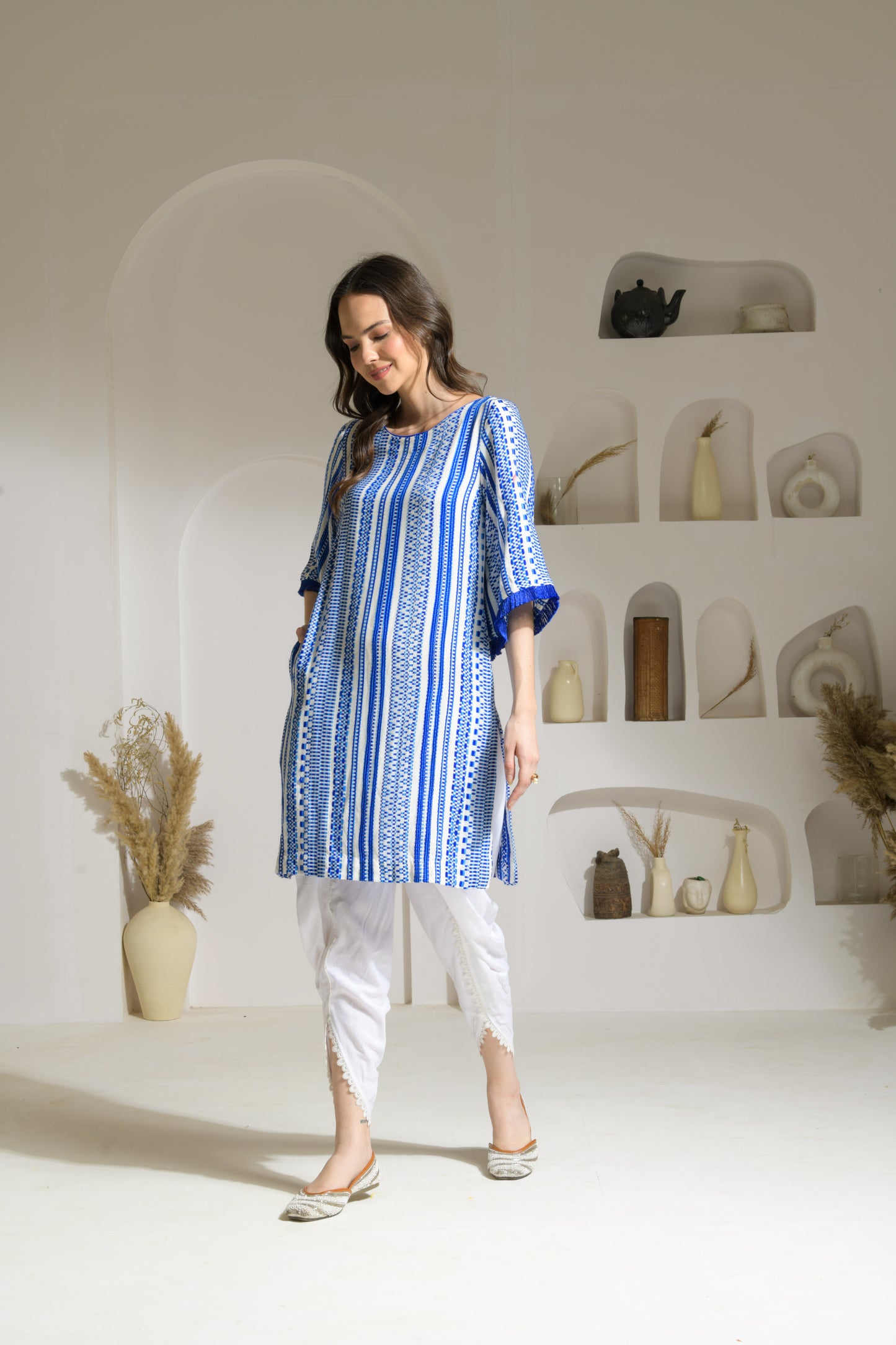 Ruhaani Cotton Jacquard Straight Kurta with Slit and Rayon Tulip Pants - Set of 2