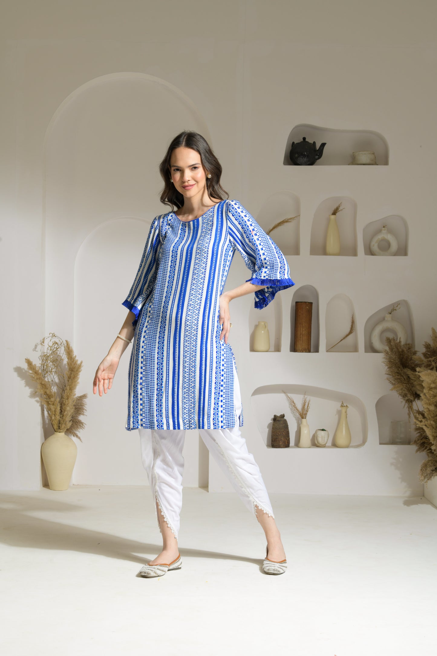 Ruhaani Cotton Jacquard Straight Kurta with Slit and Rayon Tulip Pants - Set of 2