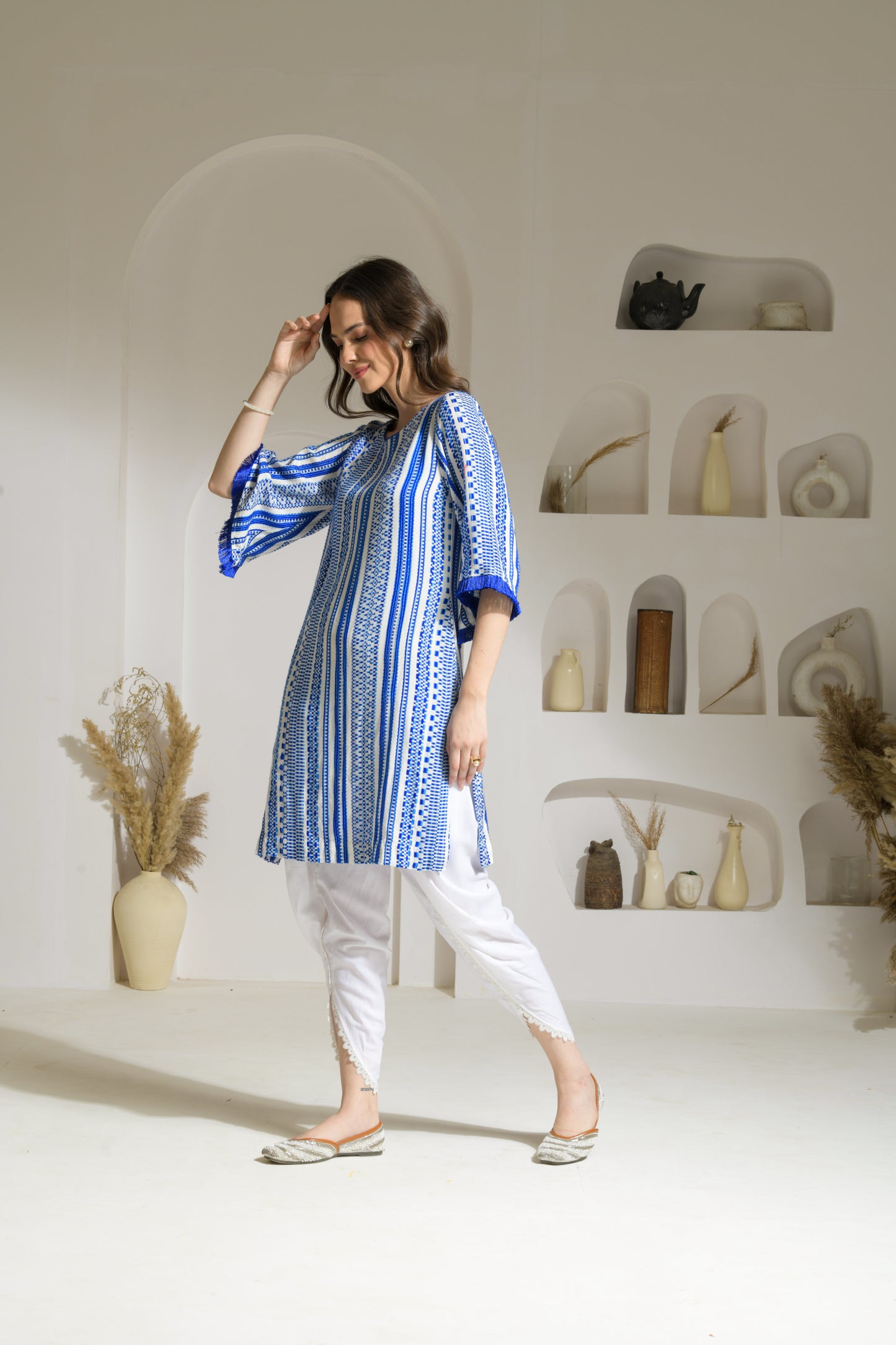 Ruhaani Cotton Jacquard Straight Kurta with Slit and Rayon Tulip Pants - Set of 2