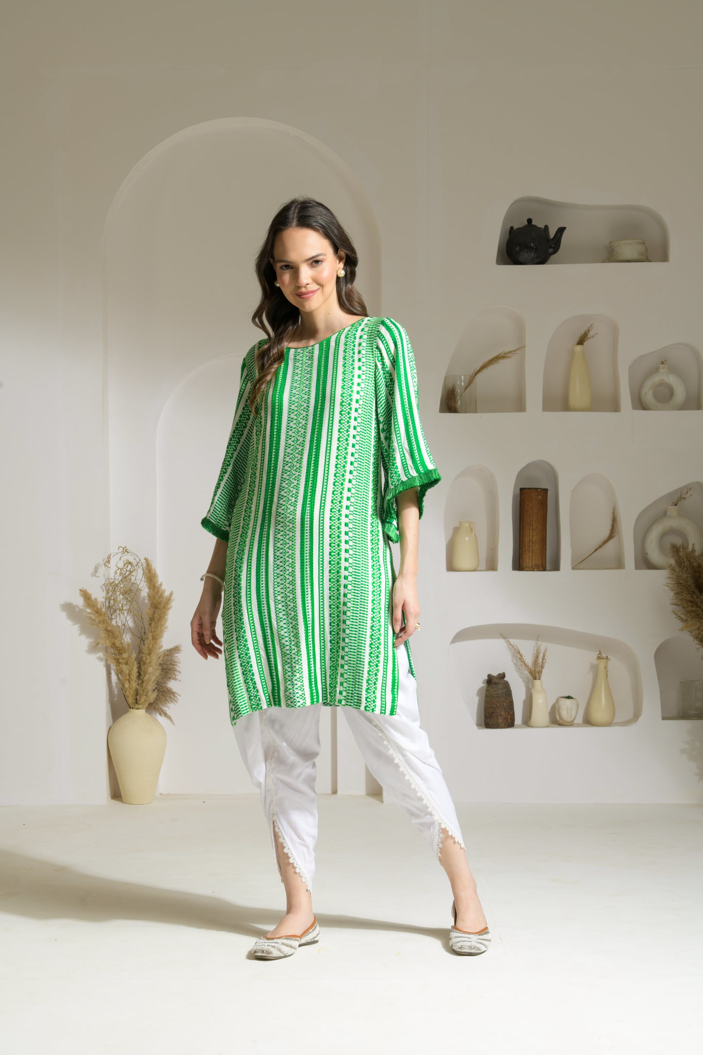Ruhaani Cotton Jacquard Straight Kurta with Slit and Rayon Tulip Pants - Set of 2