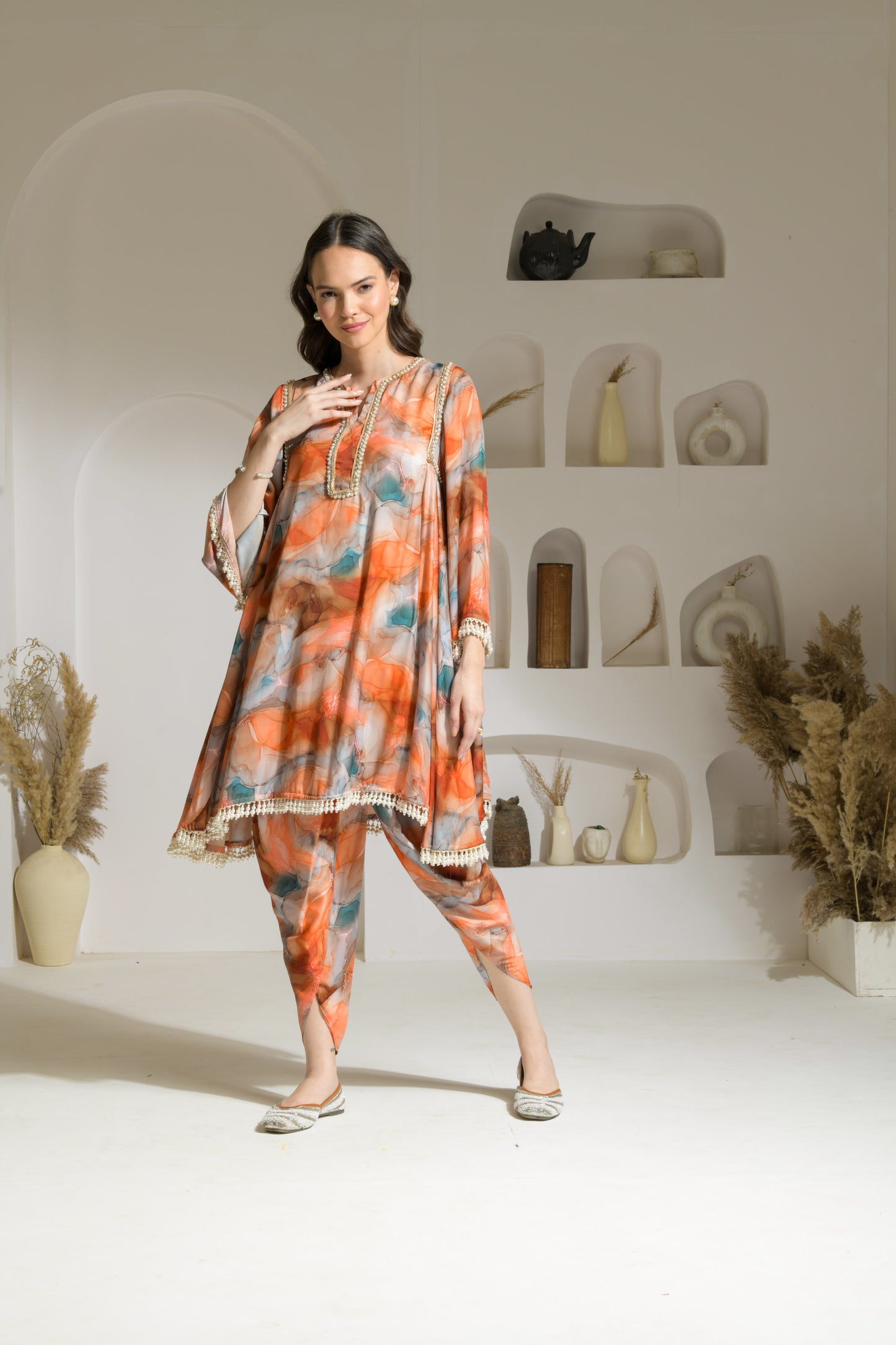 Rehmat Tangerine Marble Printed Flared Kurta with Tulip Pants - Set of 2