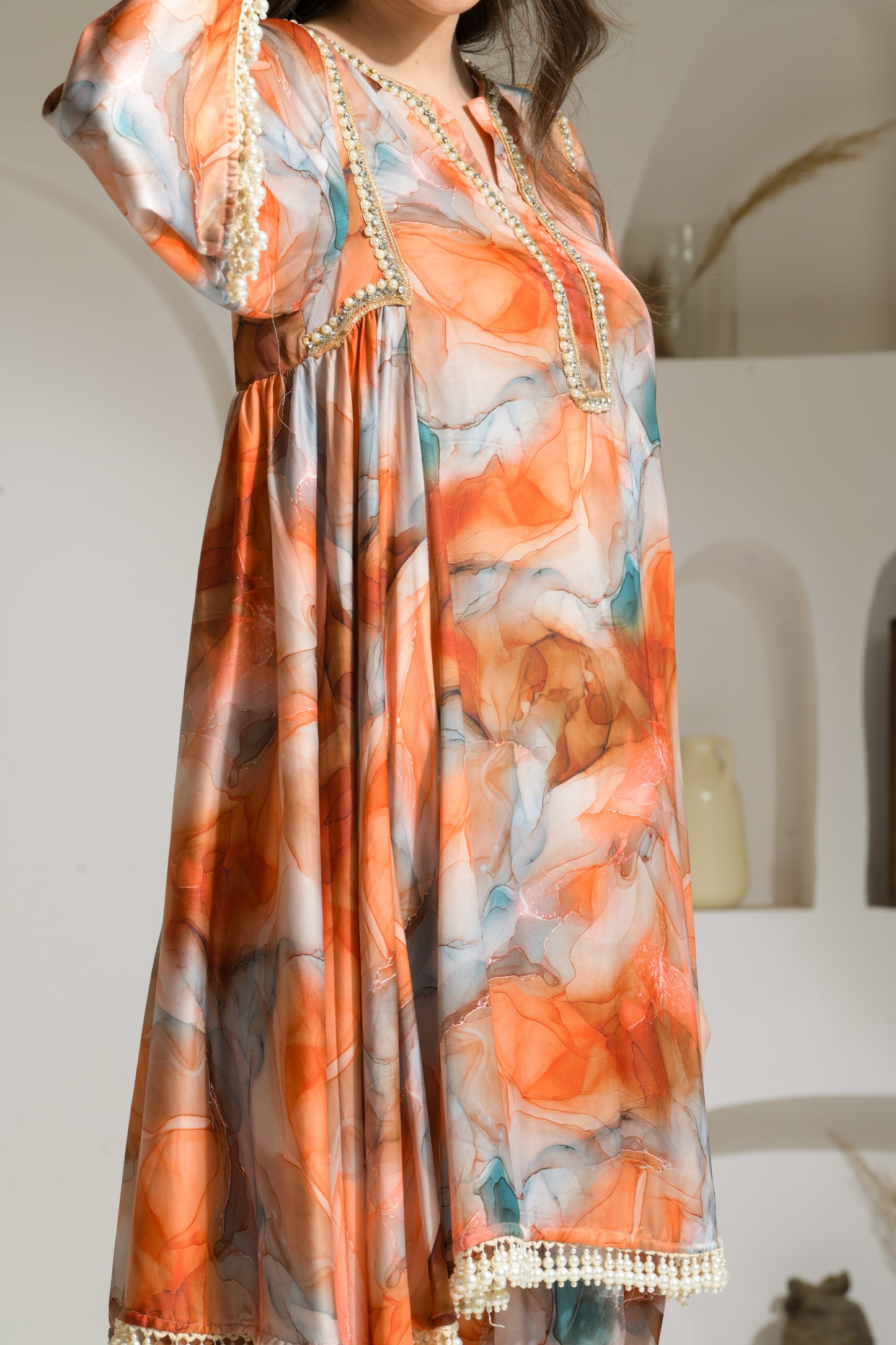 Rehmat Tangerine Marble Printed Flared Kurta with Tulip Pants - Set of 2