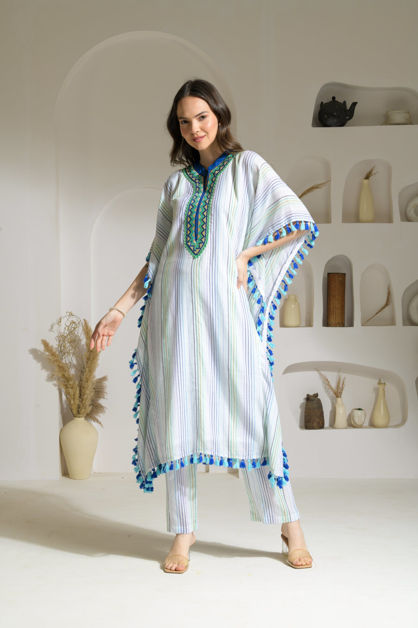 Saba Textured Cotton Blend Long Kaftan with Tassel Detailing and Straight fit Pants - Set of 2