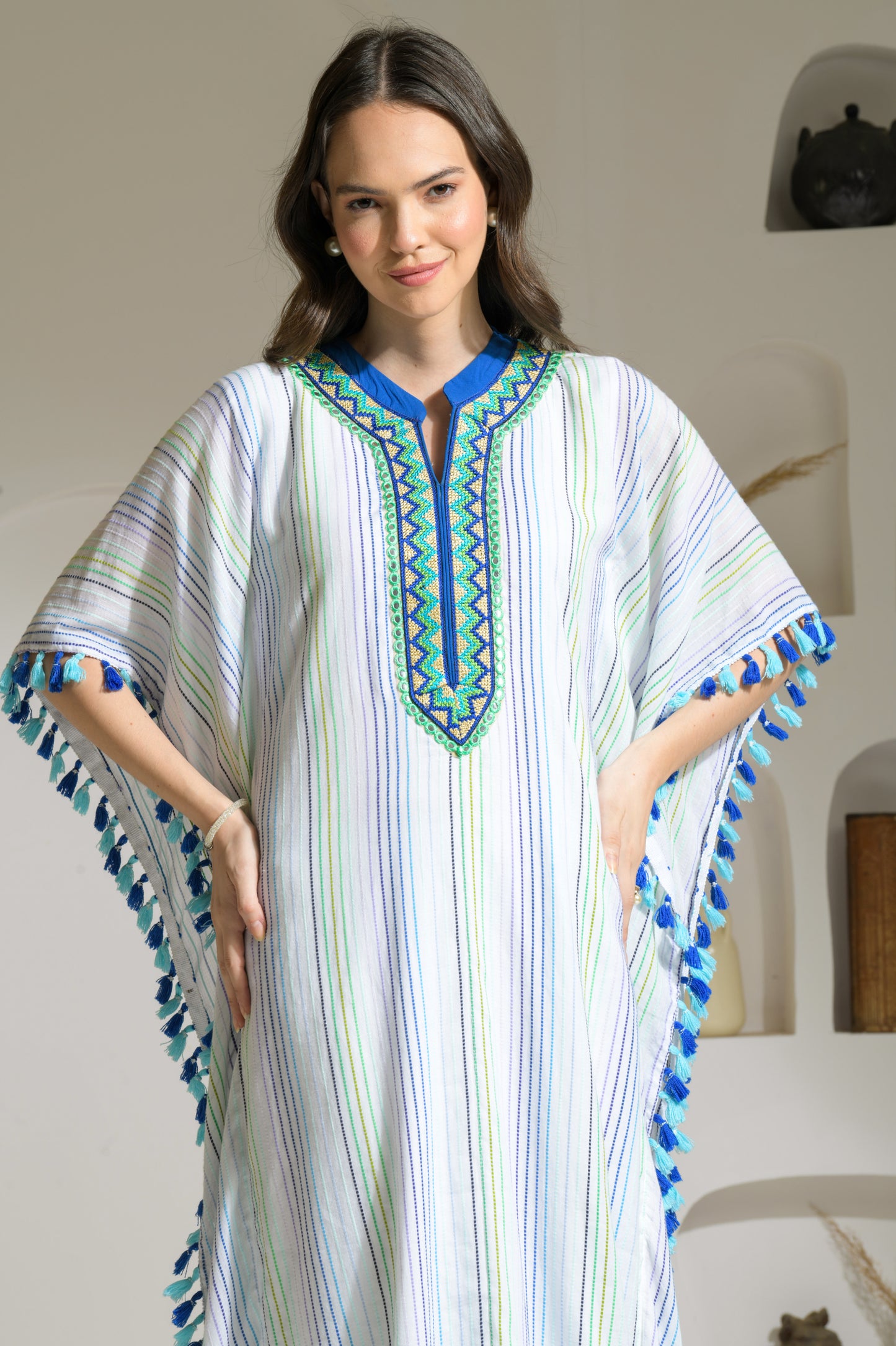 Saba Textured Cotton Blend Long Kaftan with Tassel Detailing and Straight fit Pants - Set of 2