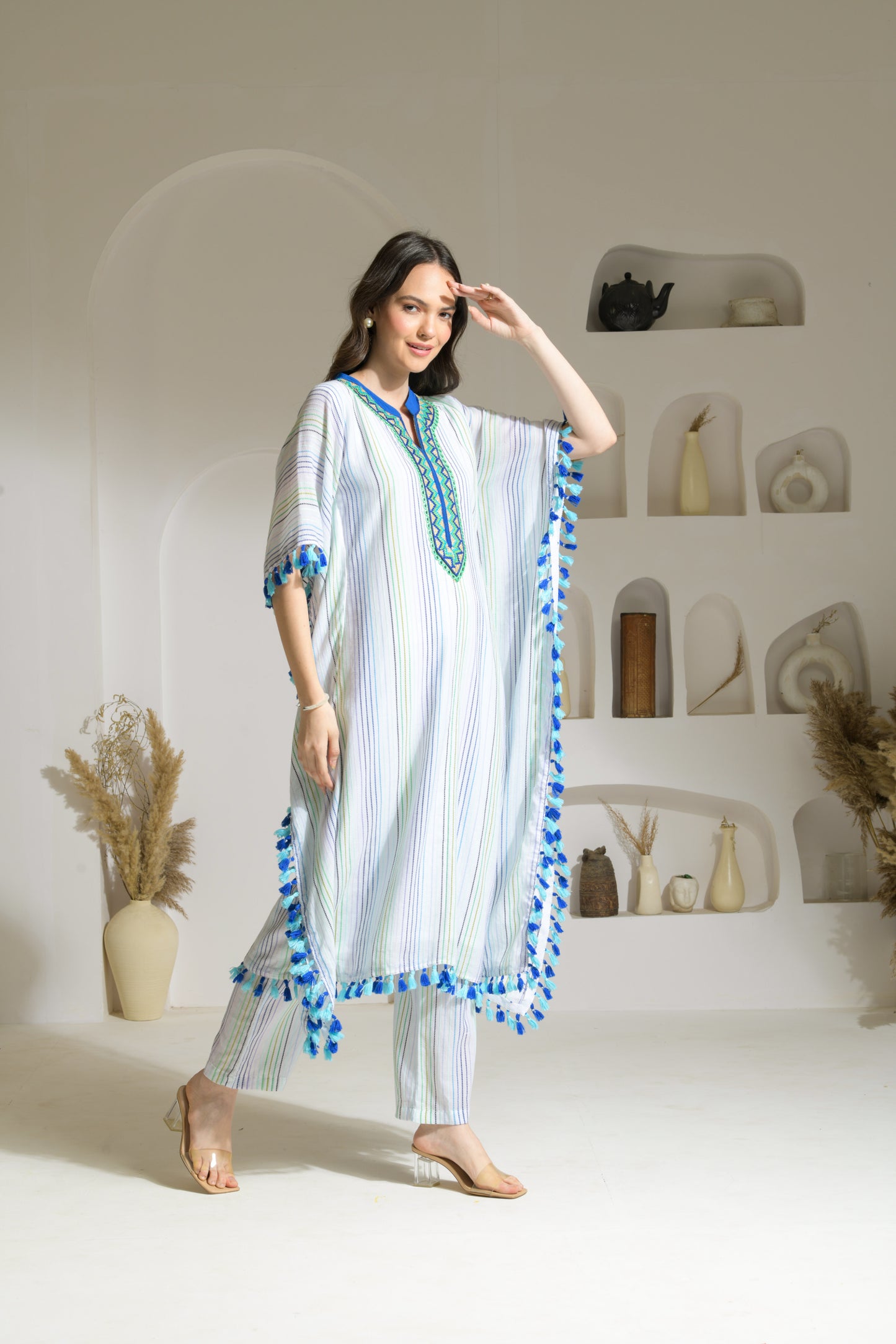 Saba Textured Cotton Blend Long Kaftan with Tassel Detailing and Straight fit Pants - Set of 2