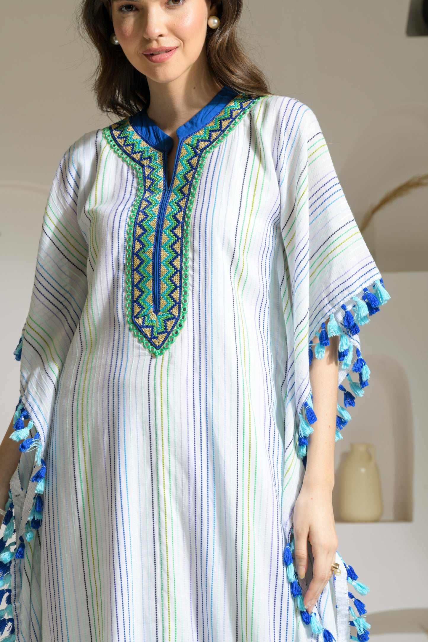 Saba Textured Cotton Blend Long Kaftan with Tassel Detailing and Straight fit Pants - Set of 2