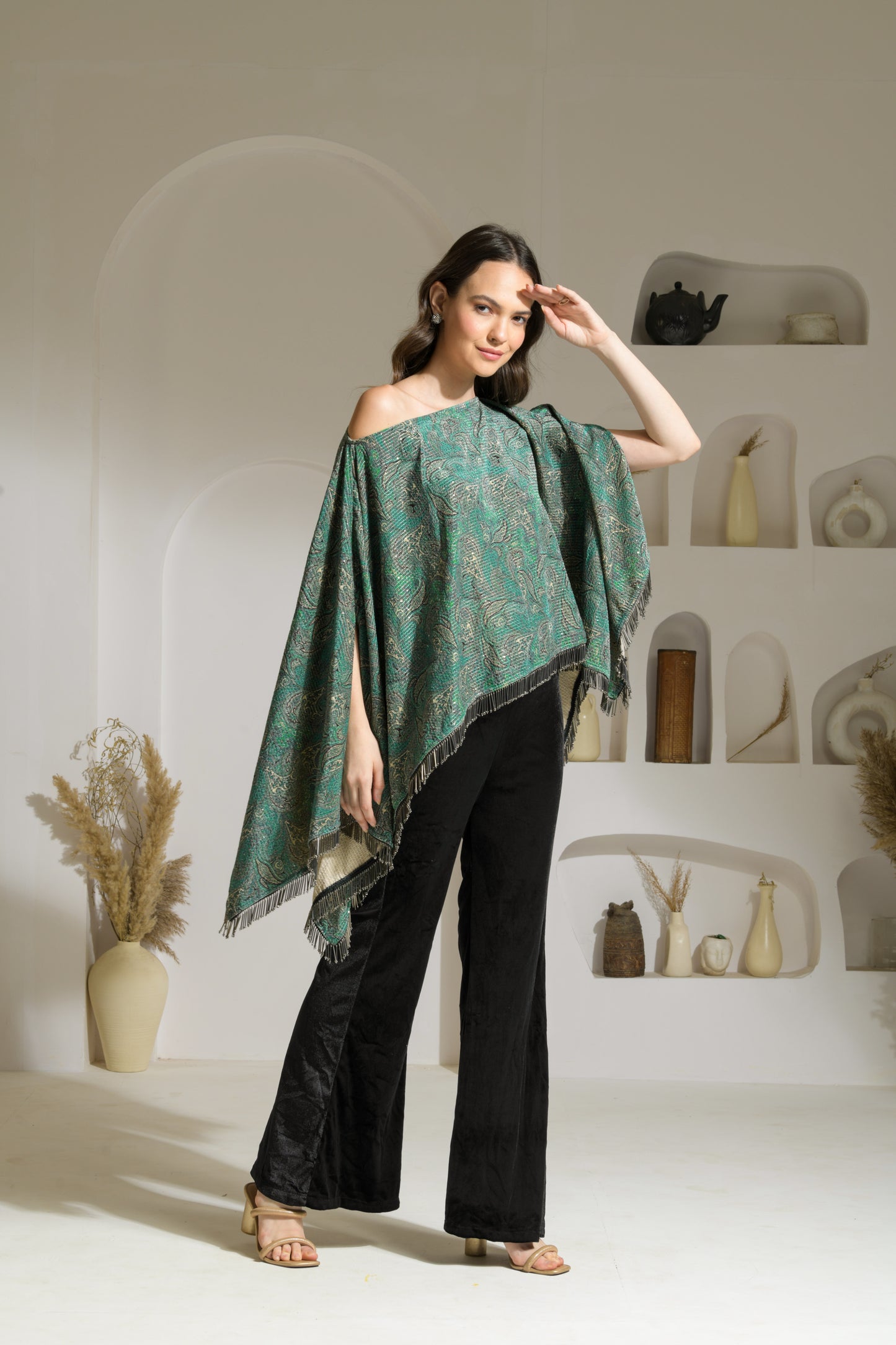 Aasira Printed Lurex Velvet Asymmetric Cape with Velvet Fit & Flared Trousers
