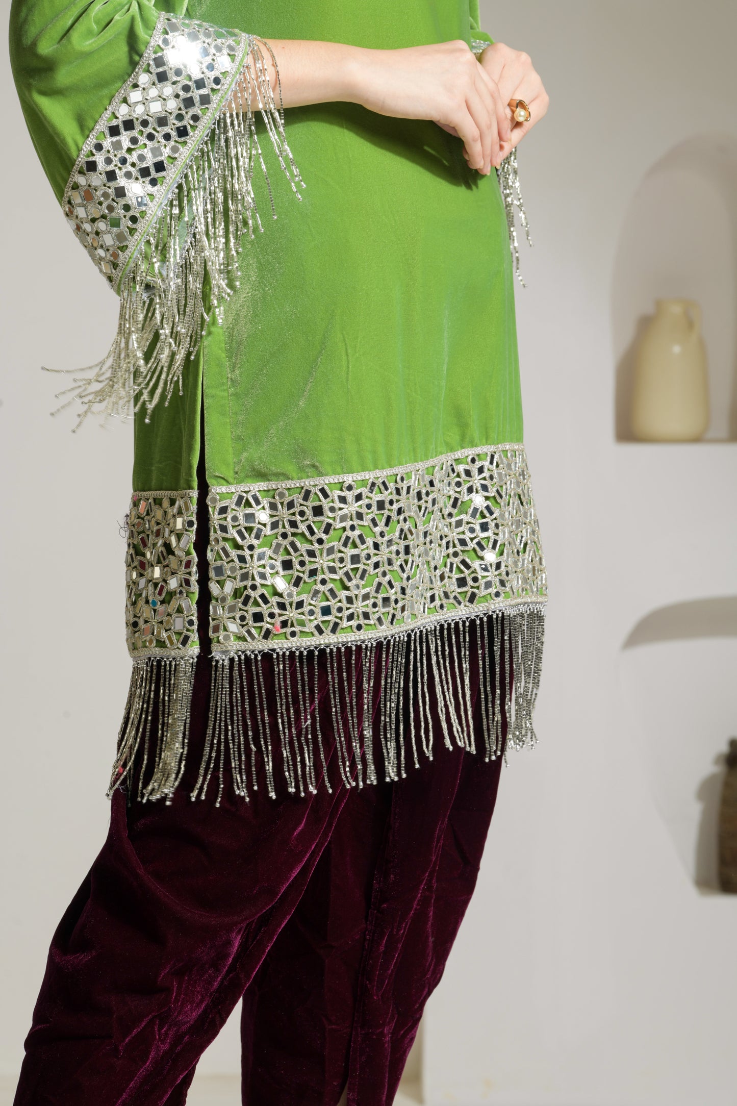 Gul Velvet mirror work A-line Kurta with Tulip Pants and Velvet Stole