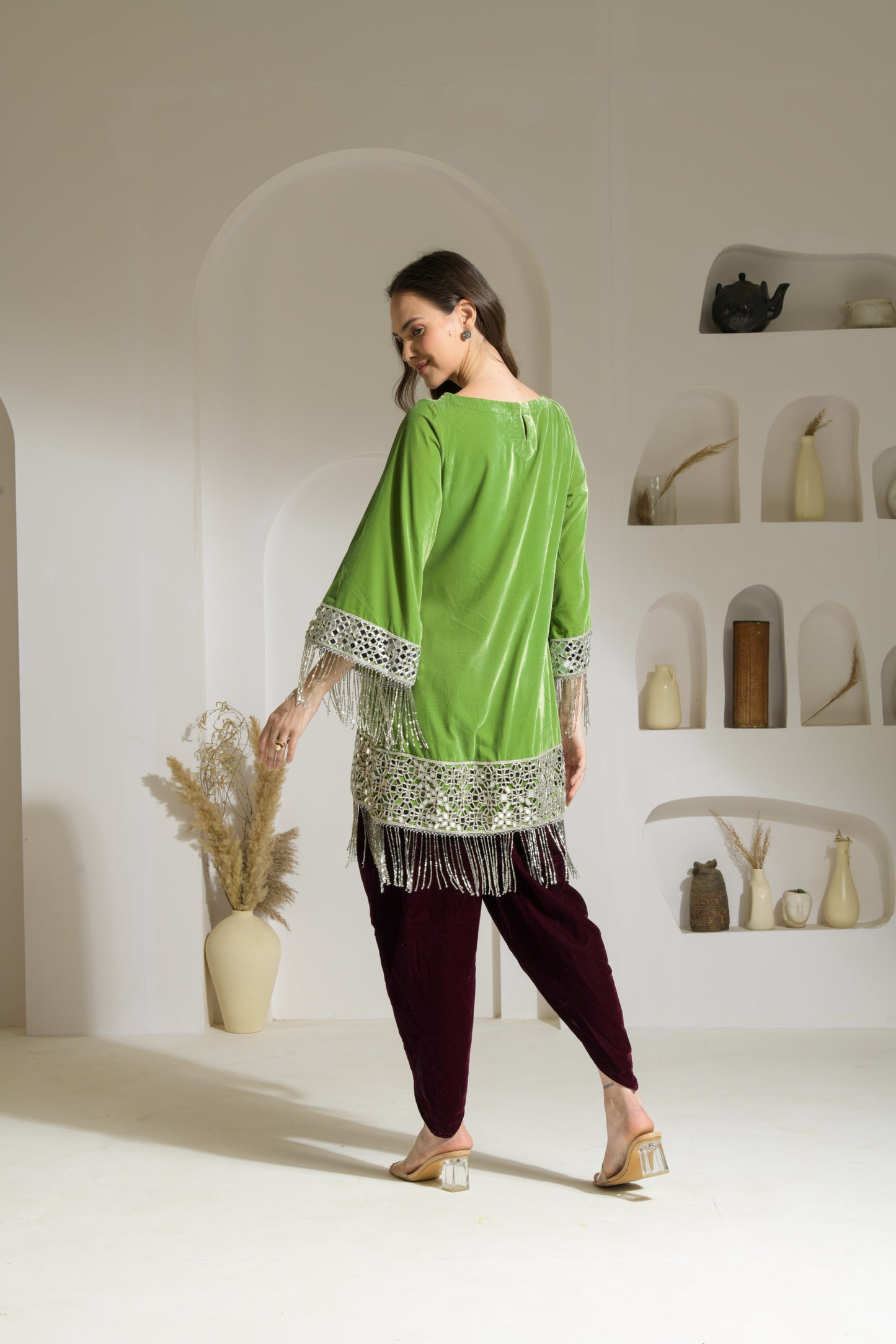 Gul Velvet mirror work A-line Kurta with Tulip Pants and Velvet Stole