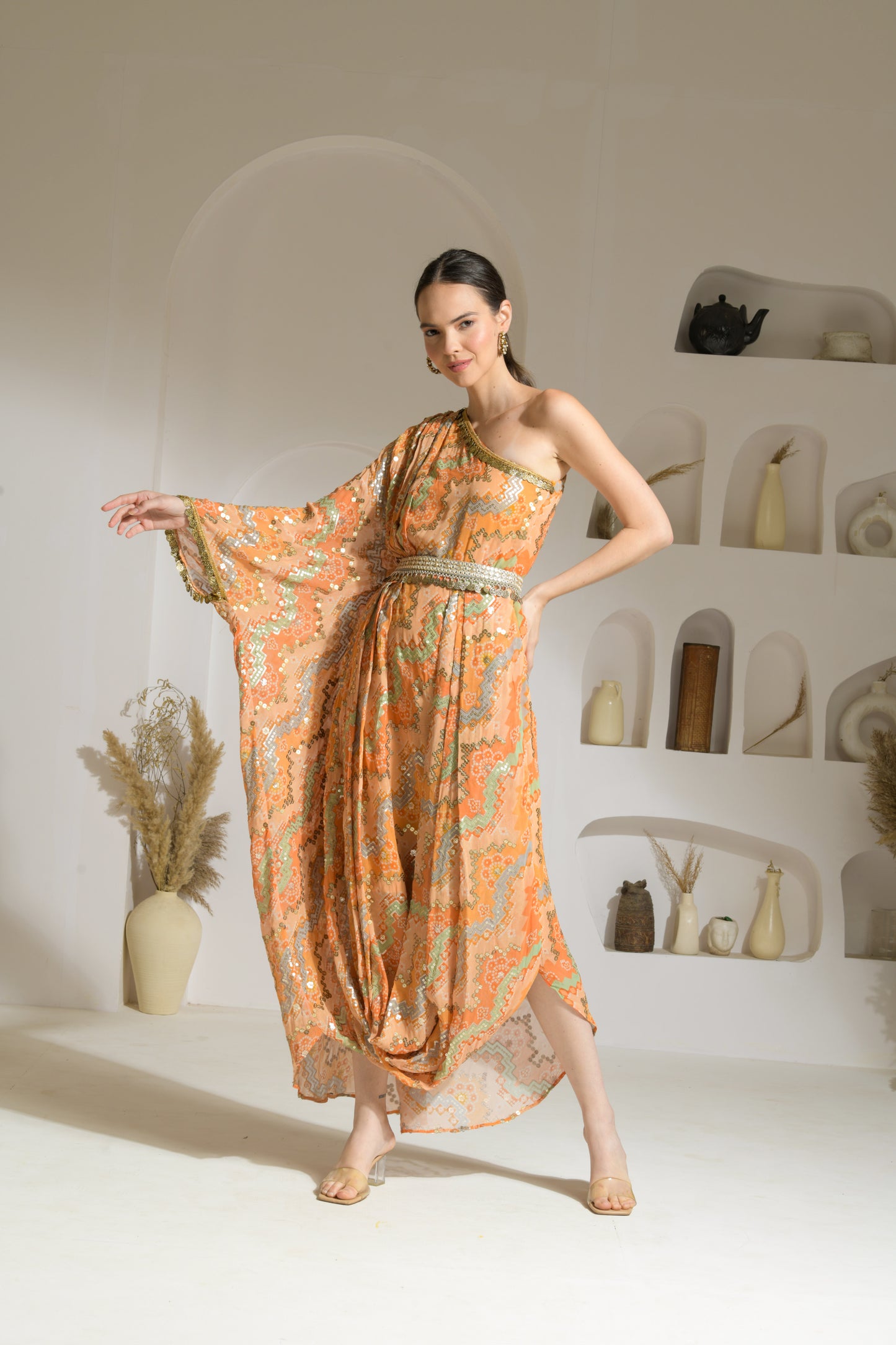 Khwaab Sequenced Bandhni one shoulder draped dress with embellished belt