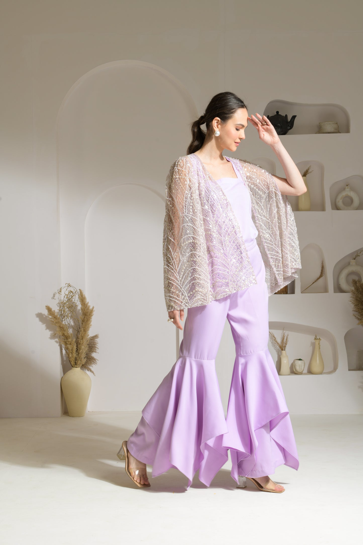 Orchid Hand Embellished Cape with Asymmetric Flared Pants & Bustier - Set of 3