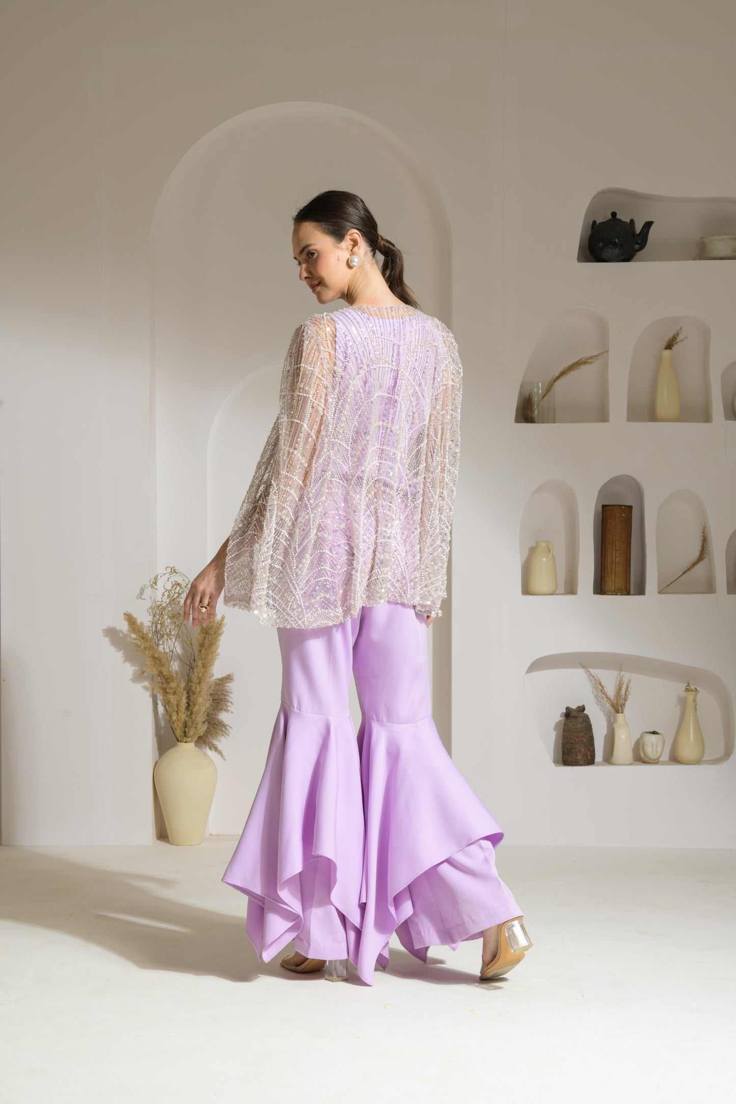 Orchid Hand Embellished Cape with Asymmetric Flared Pants & Bustier - Set of 3