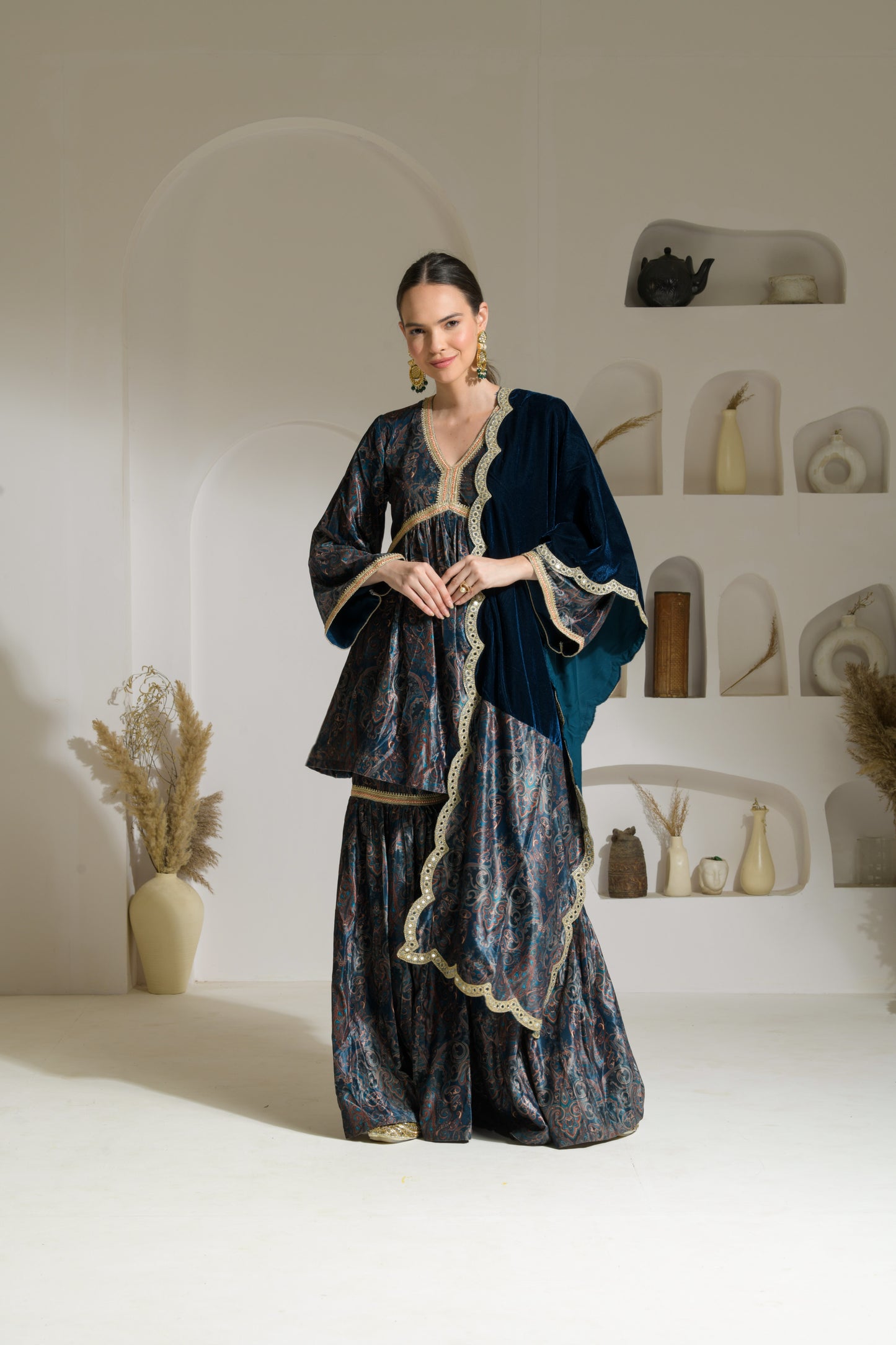 Ghazal Printed Velvet Short Flared Kurta with Gharara and Organza Dupatta/Velvet Stole - Set of 3