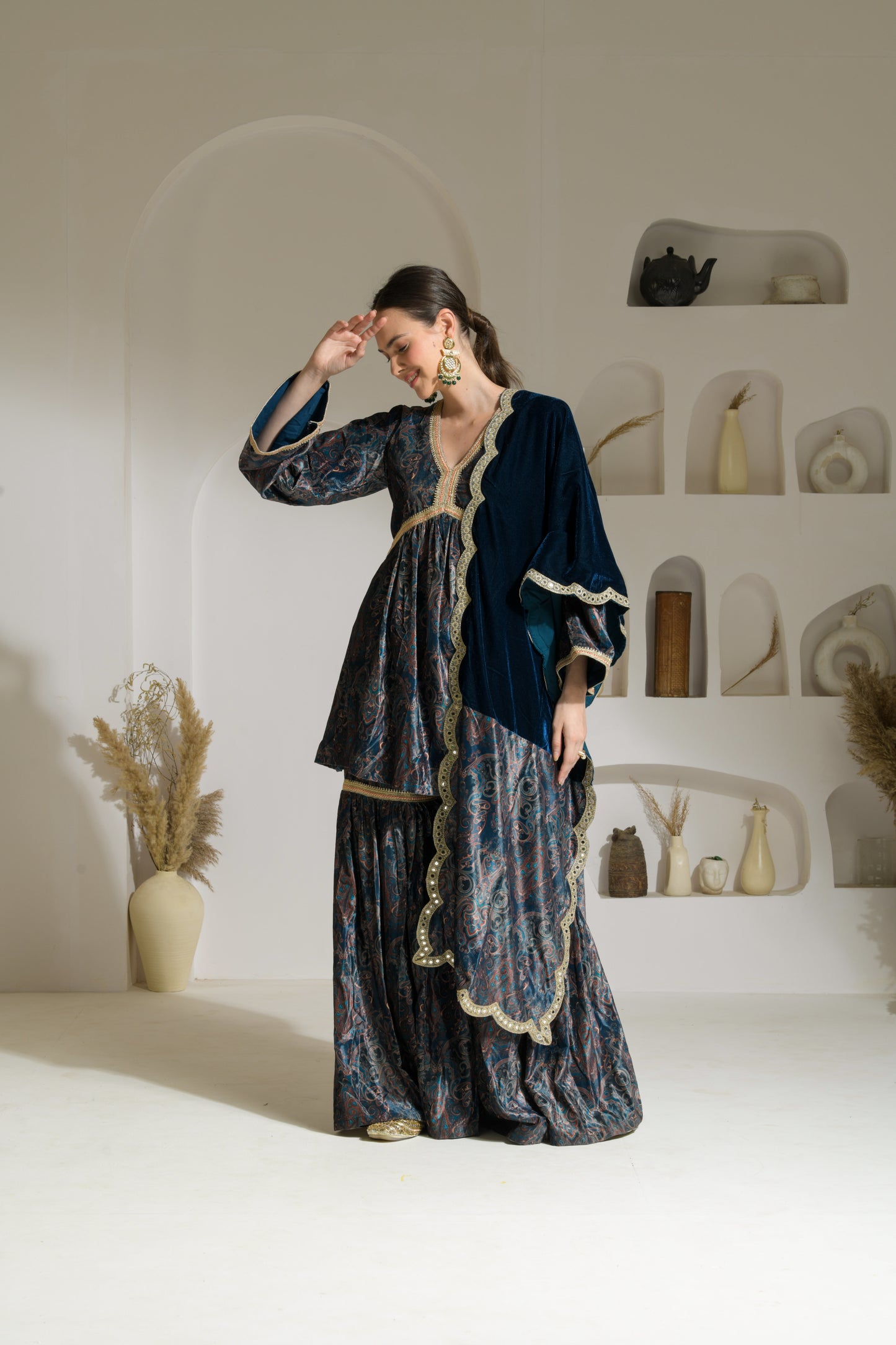 Ghazal Printed Velvet Short Flared Kurta with Gharara and Organza Dupatta/Velvet Stole - Set of 3
