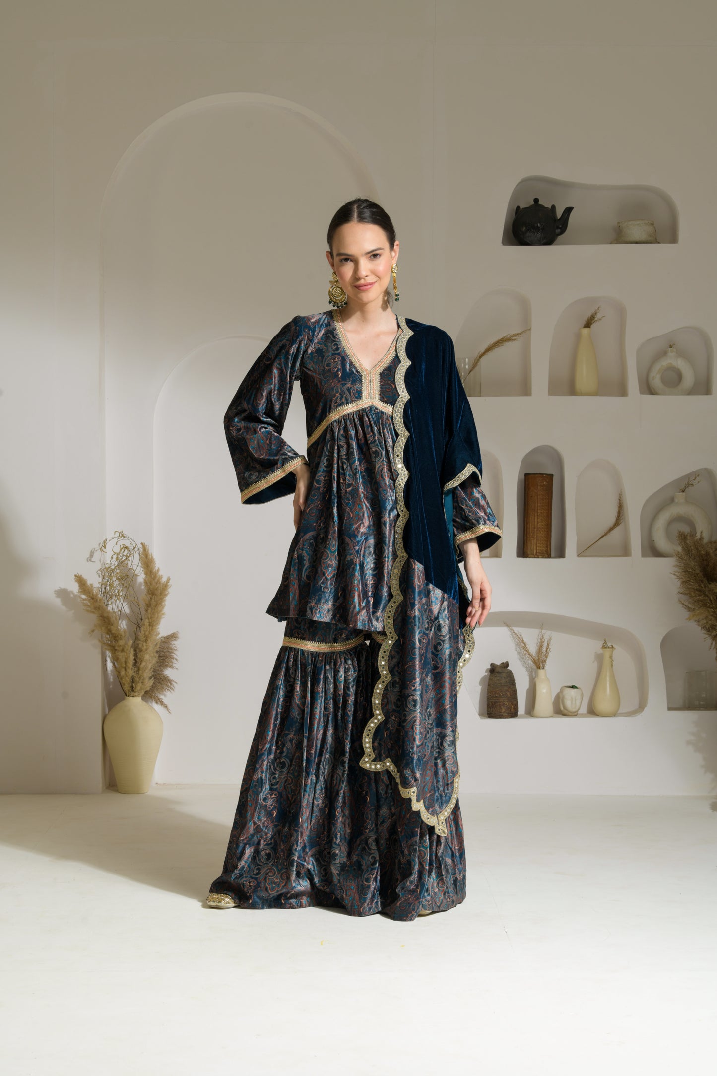 Ghazal Printed Velvet Short Flared Kurta with Gharara and Organza Dupatta/Velvet Stole - Set of 3