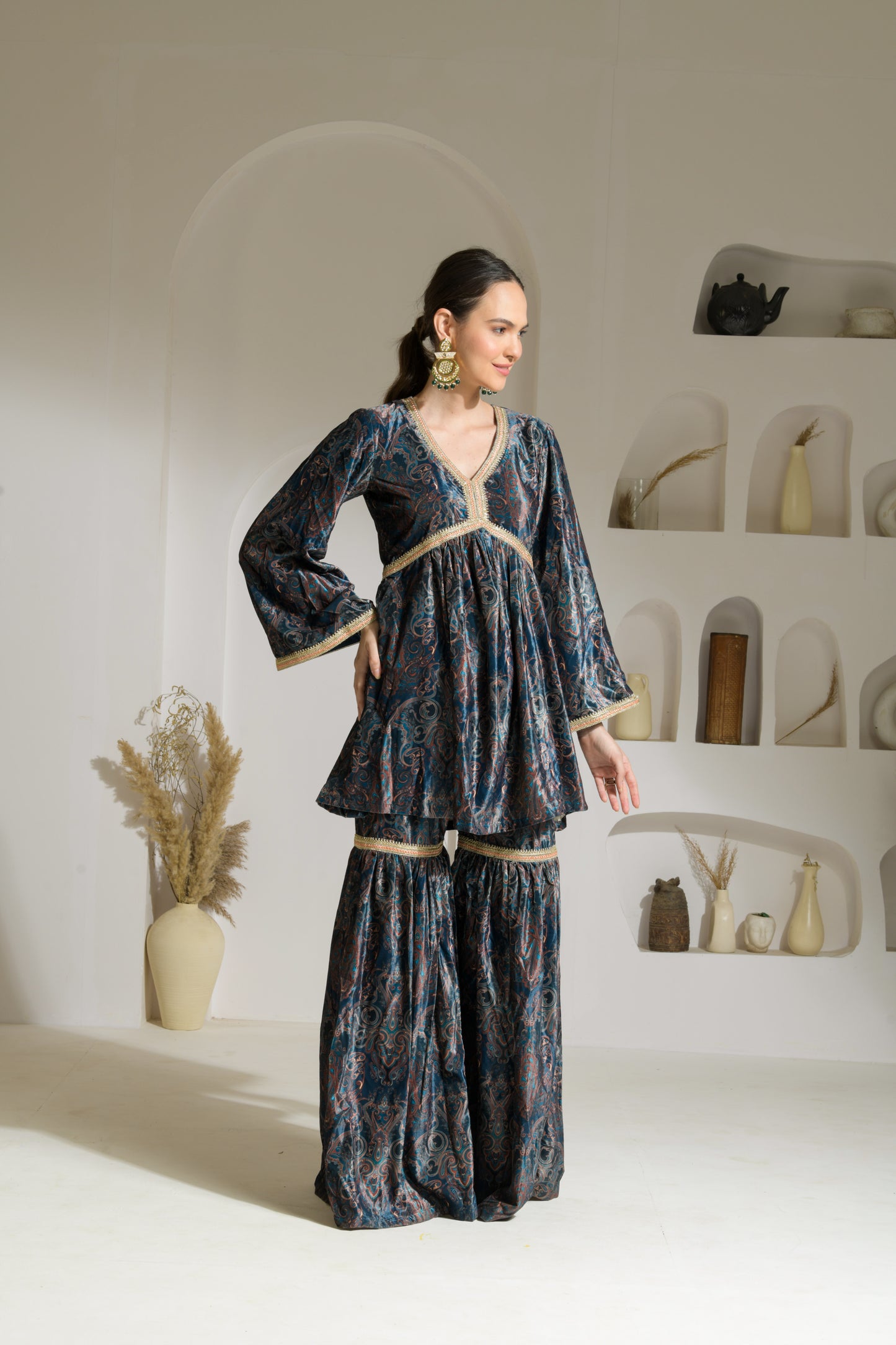 Ghazal Printed Velvet Short Flared Kurta with Gharara and Organza Dupatta/Velvet Stole - Set of 3