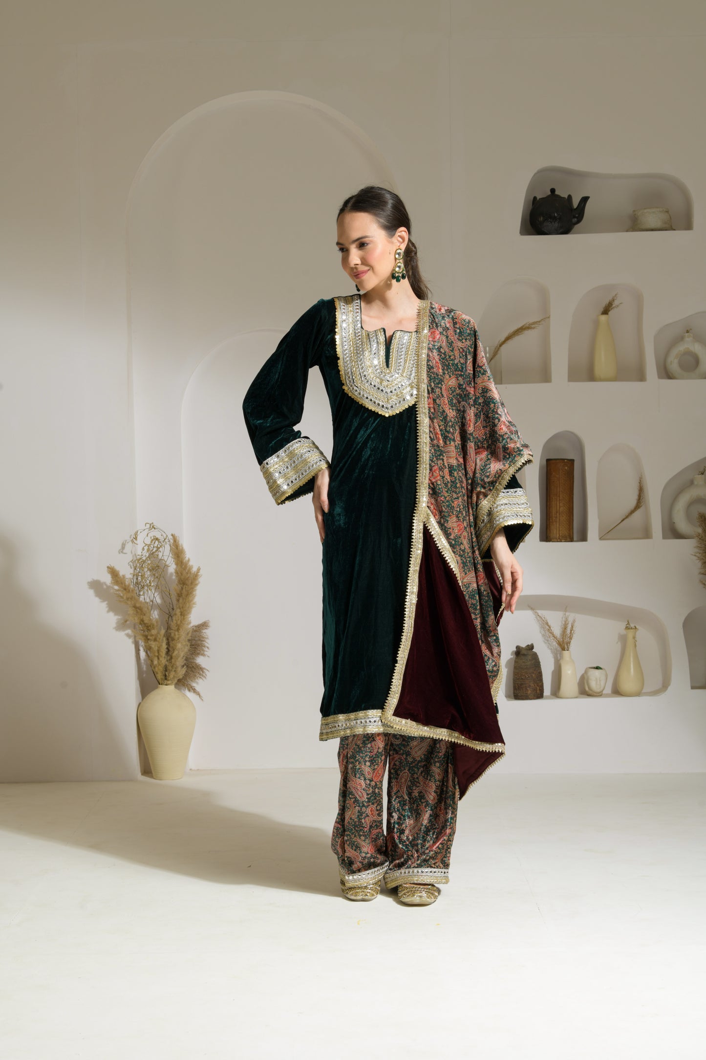 Reham Straight fit Velvet Kurta with Printed Velvet Palazzo Pants & Velvet Stole - Set of 3